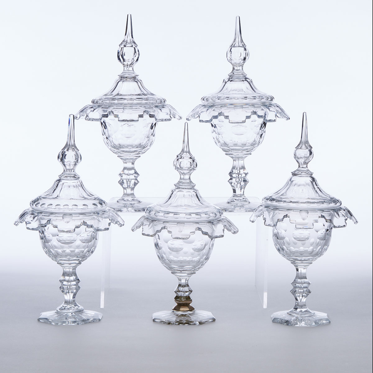 Set of Five Continental Cut Glass Sweetmeat Vases and Covers, late 19th century