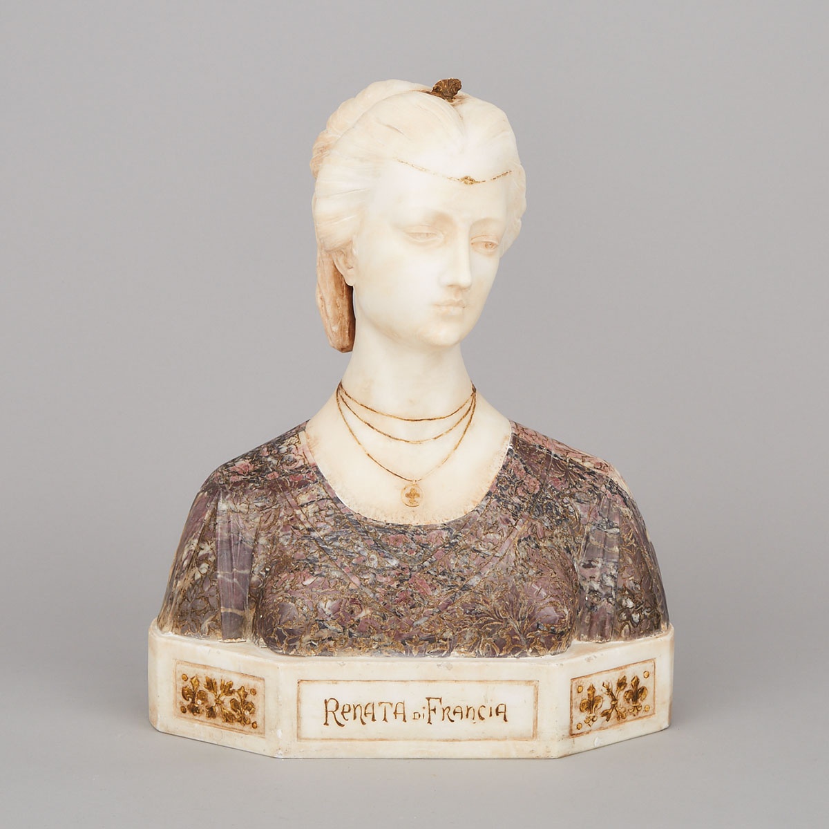 Austrian School White and Variegated Marble Bust of Renata di Francia, c.1900