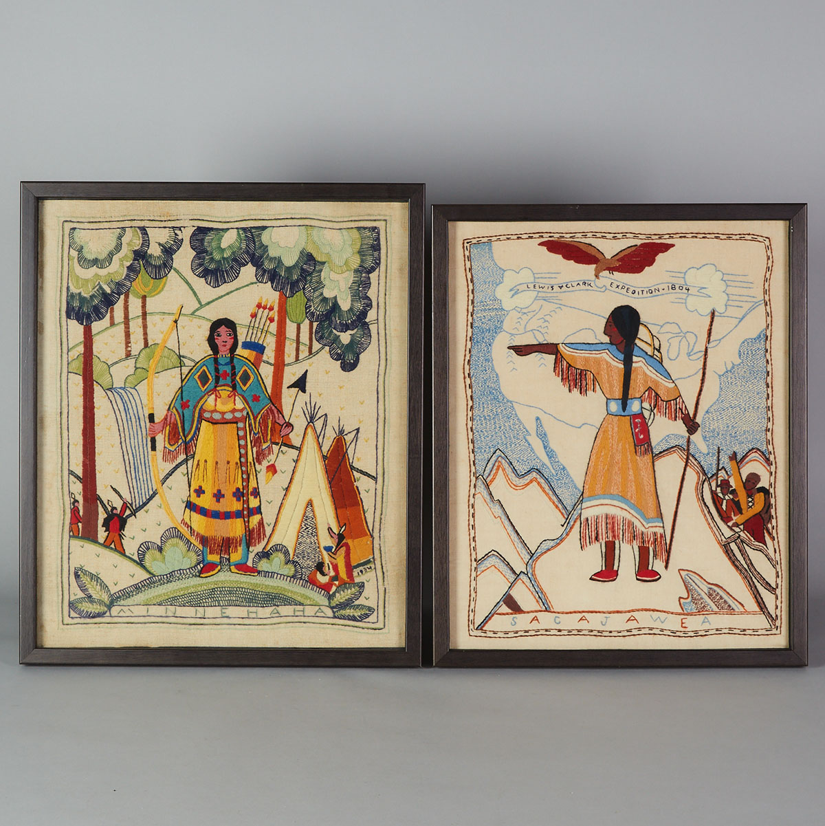 Two Needlework Pictures: Sacajawea and Minnehaha, 20th century