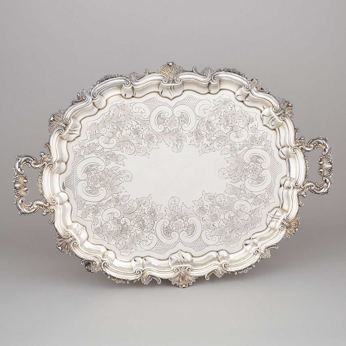 English ‘Regency’ Silver Plated Two-Handled Serving Tray, Ellis-Barker Silver Co. for Henry Birks & Sons, 20th century