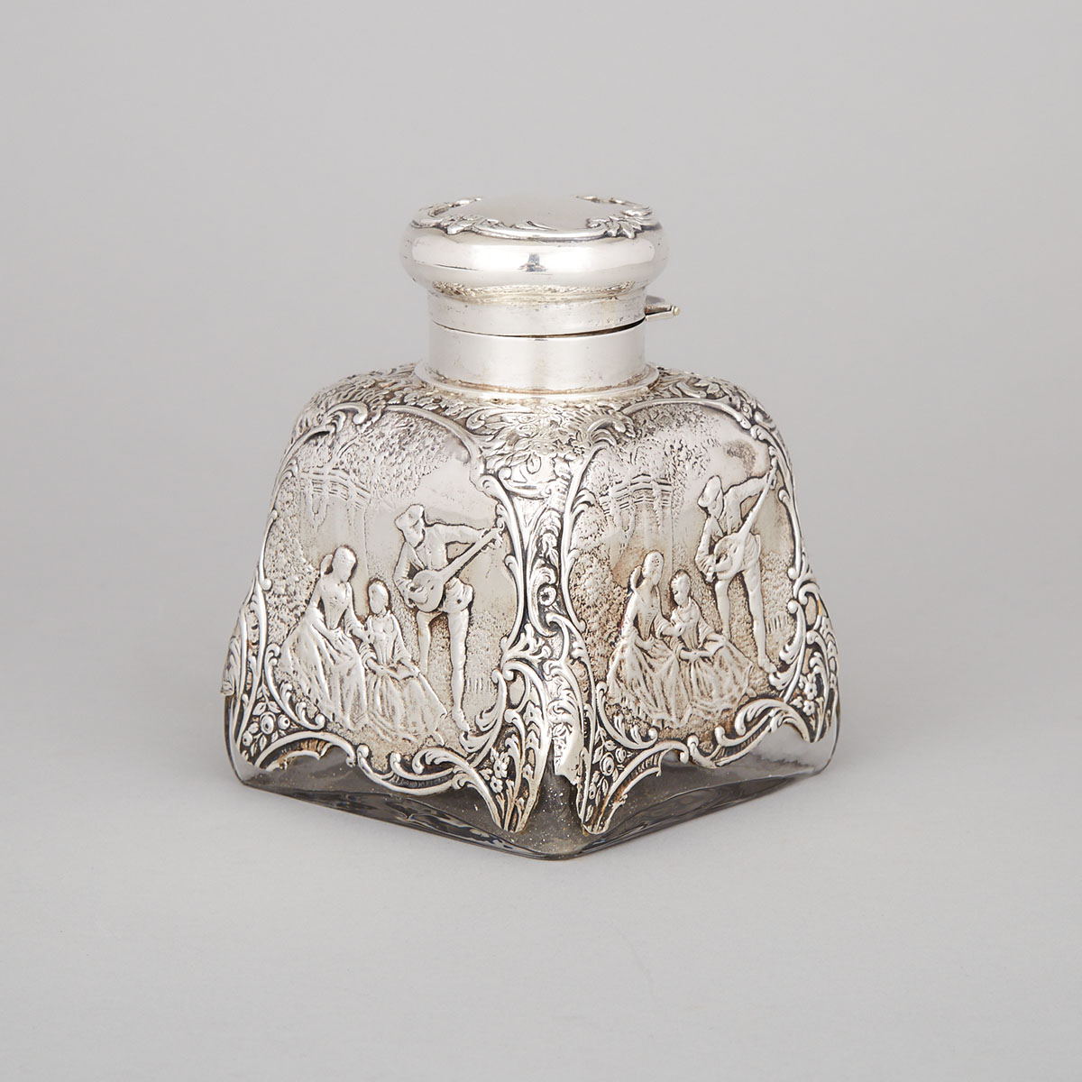 Late Victorian Silver Mounted Glass Toilet Water Bottle, William Comyns, London, 1900