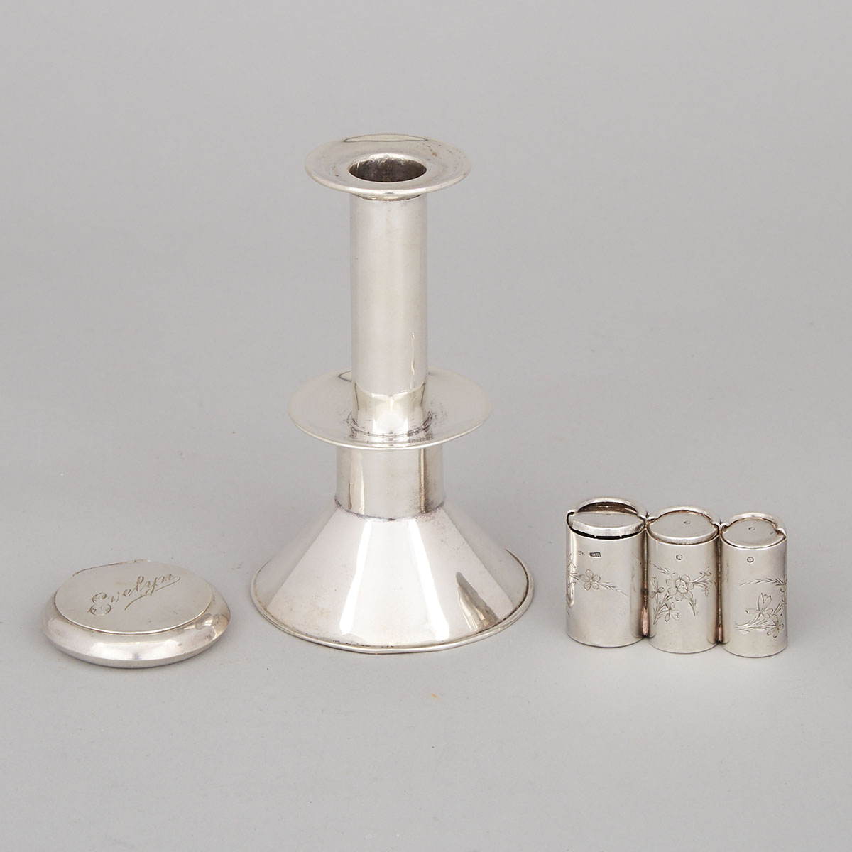 English Silver Candlestick, American Compact and a Russian Coin Case, 20th century