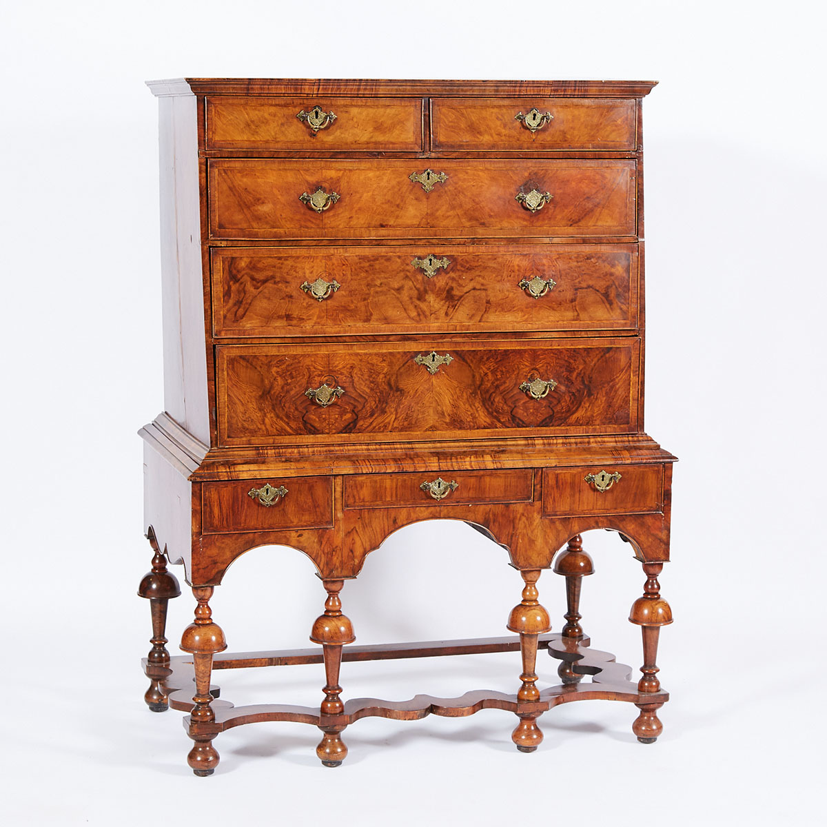 William and Mary Figured Walnut Chest on Stand, late 17th century