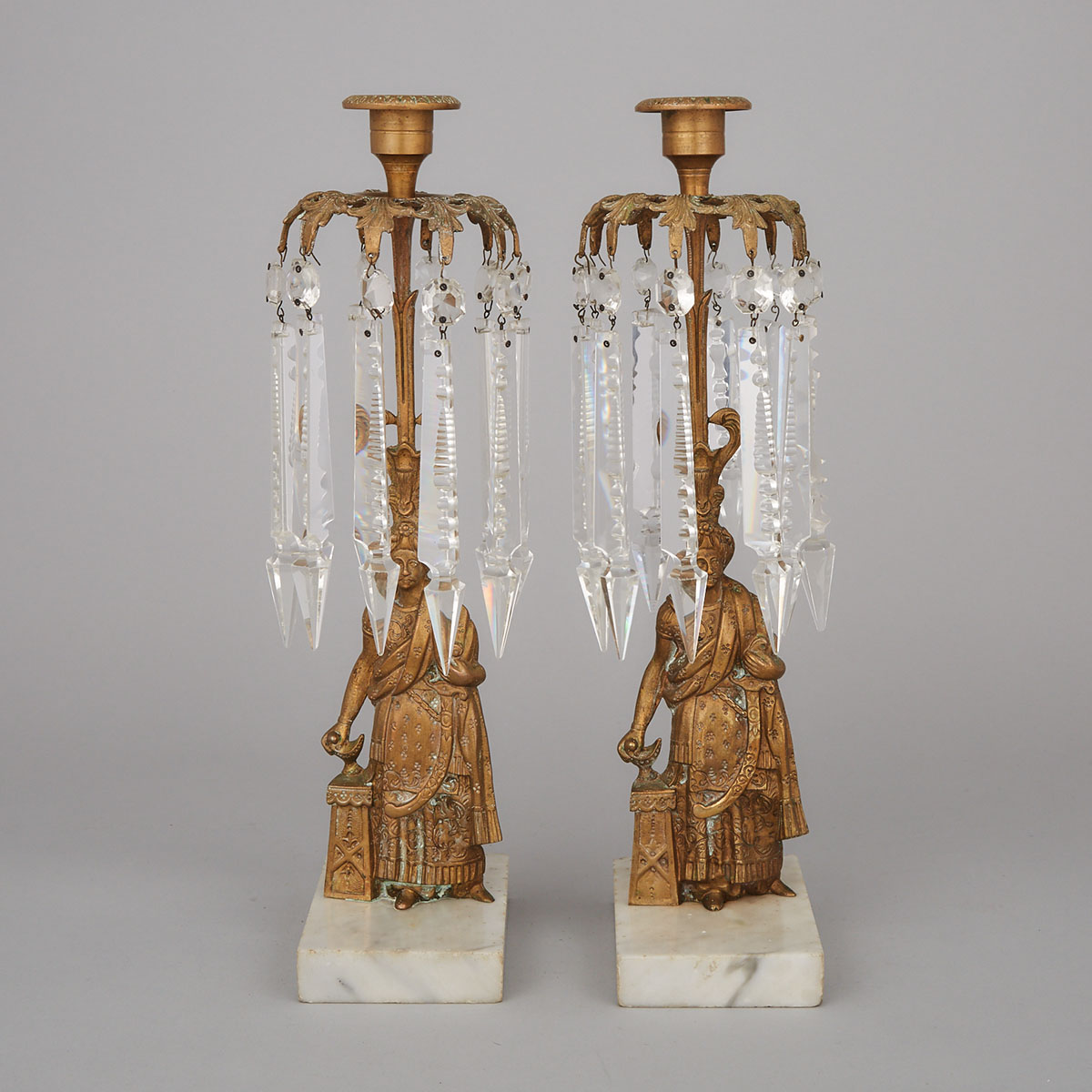 Pair of Victorian Orientalist Gilt Bronze Figural Mantel Luster Candlesticks, 19th century