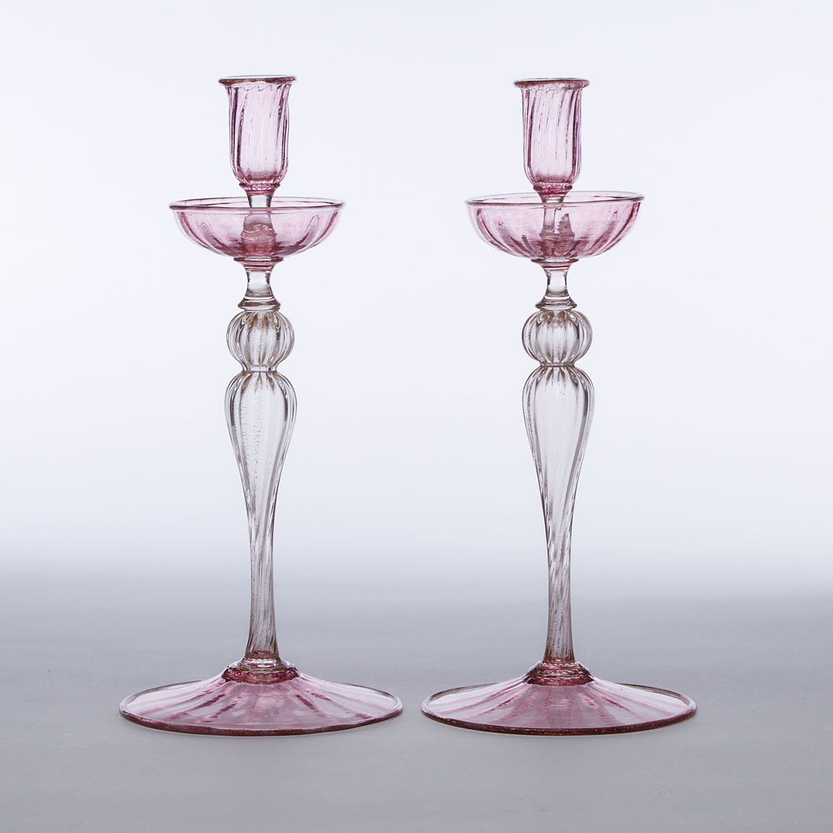 Pair of Venetian Pink and Gilt Glass Table Candlesticks, early 20th century