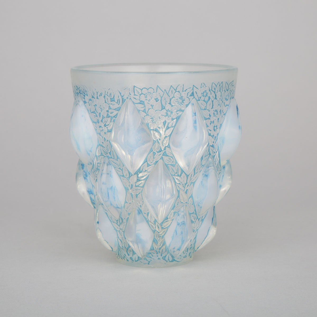‘Rampillon’, Lalique Blue Enameled Moulded Opalescent Glass Vase, c.1930