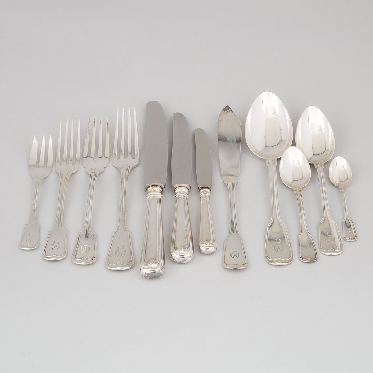 German Silver Assembled Fiddle and Thread Pattern Flatware Service, 20th century