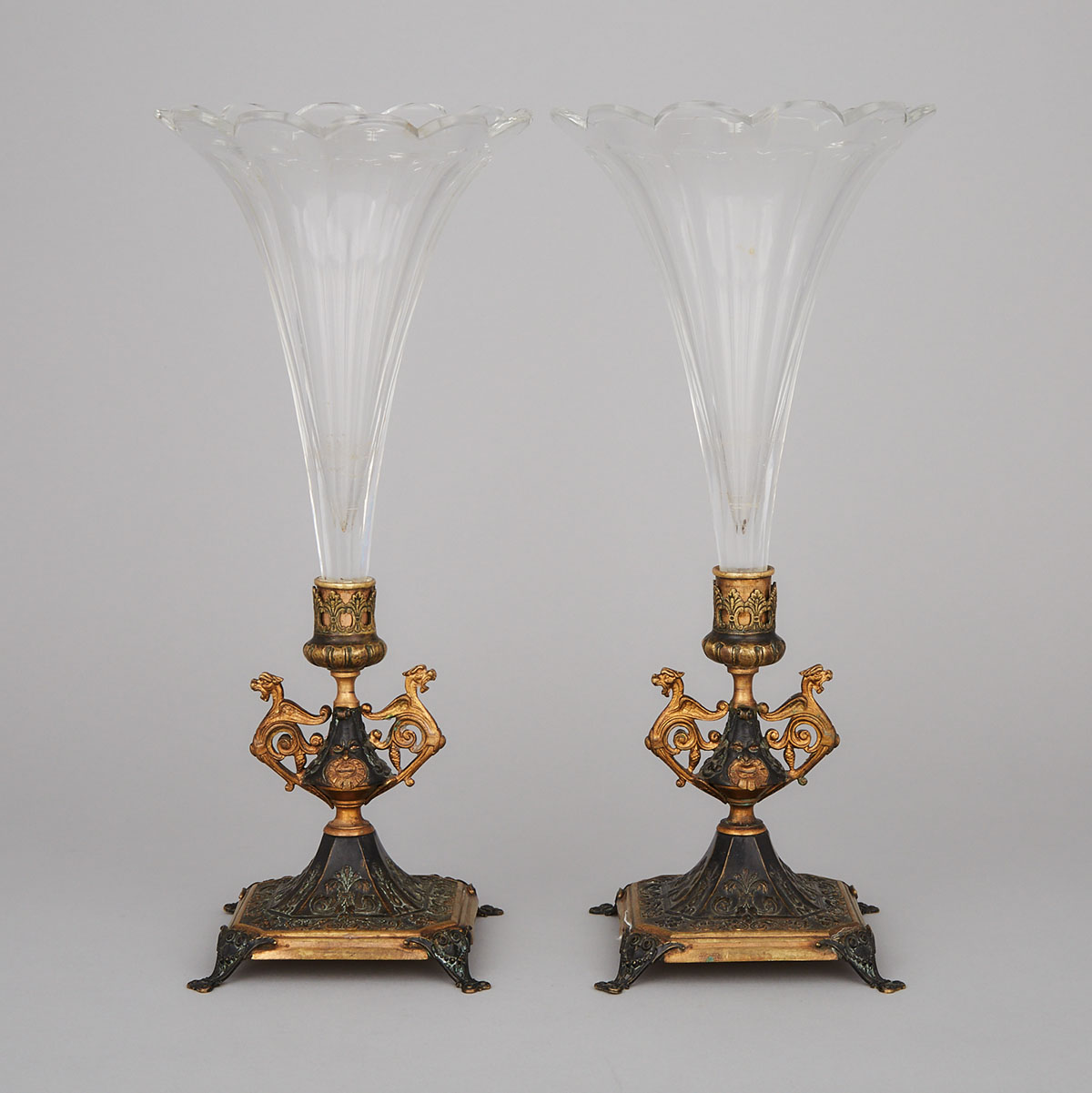 Pair of French Aesthetic Movement Cut Glass and Bronze Trumpet Vases, c.1870
