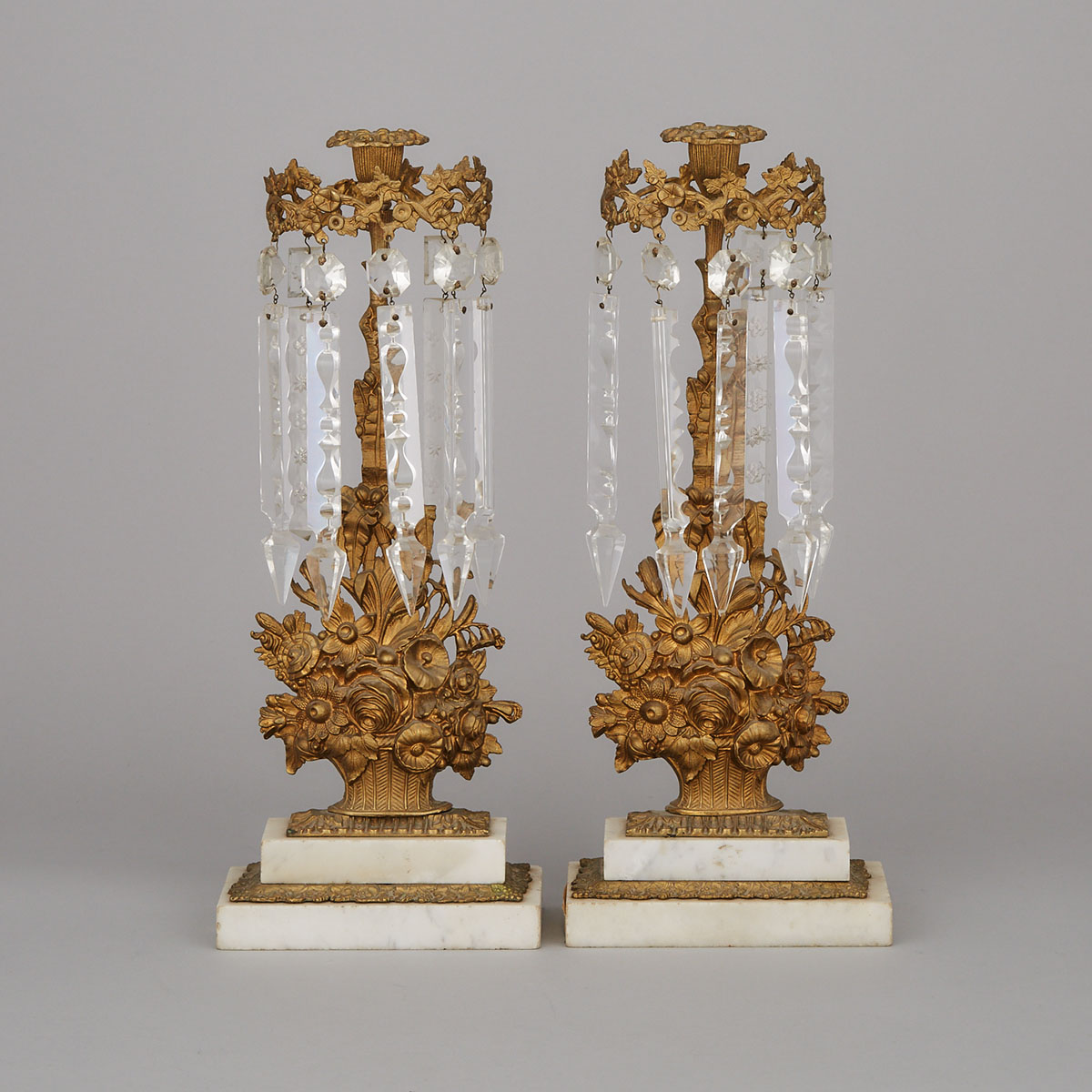 Pair of Victorian Gilt Bronze Mantel Luster Candlesticks, 19th century