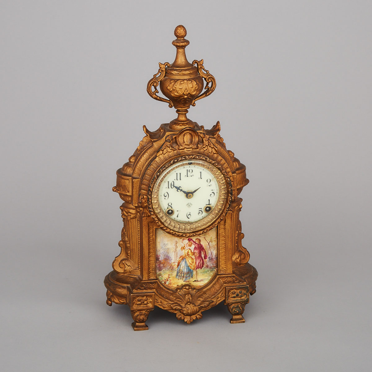 American Louis XVI Style Porcelain Mounted Gilt Metal Mantle Clock, Ansonia Clock Co., N.Y., 19th century