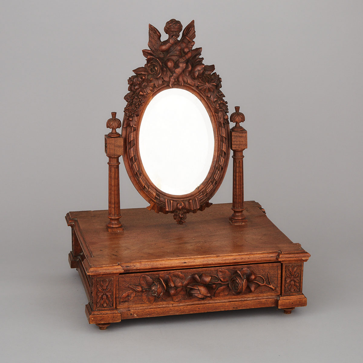 French Carved Walnut Dressing Table Mirror, 19th century
