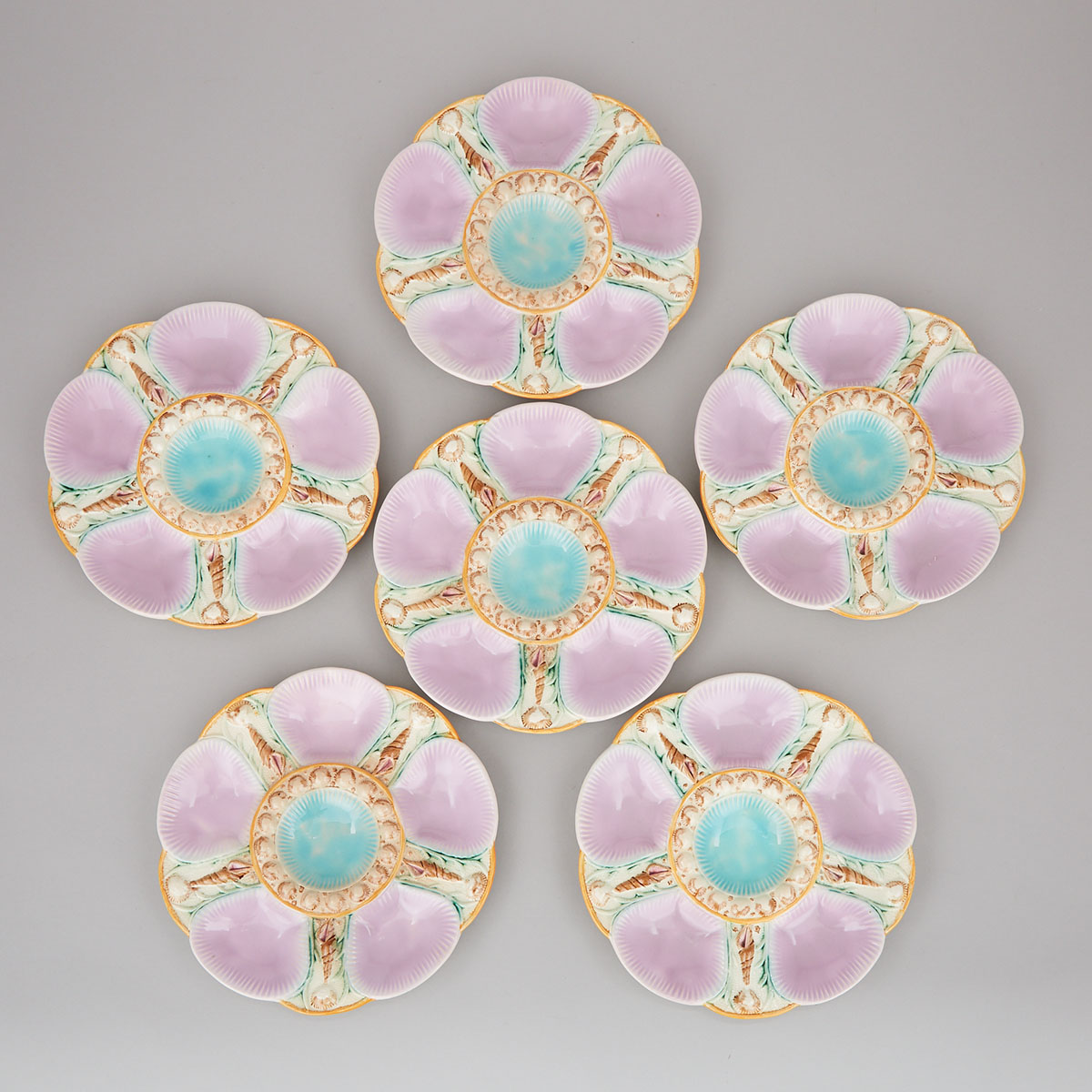 Six Minton-Style Majolica Oyster Plates, c.1880