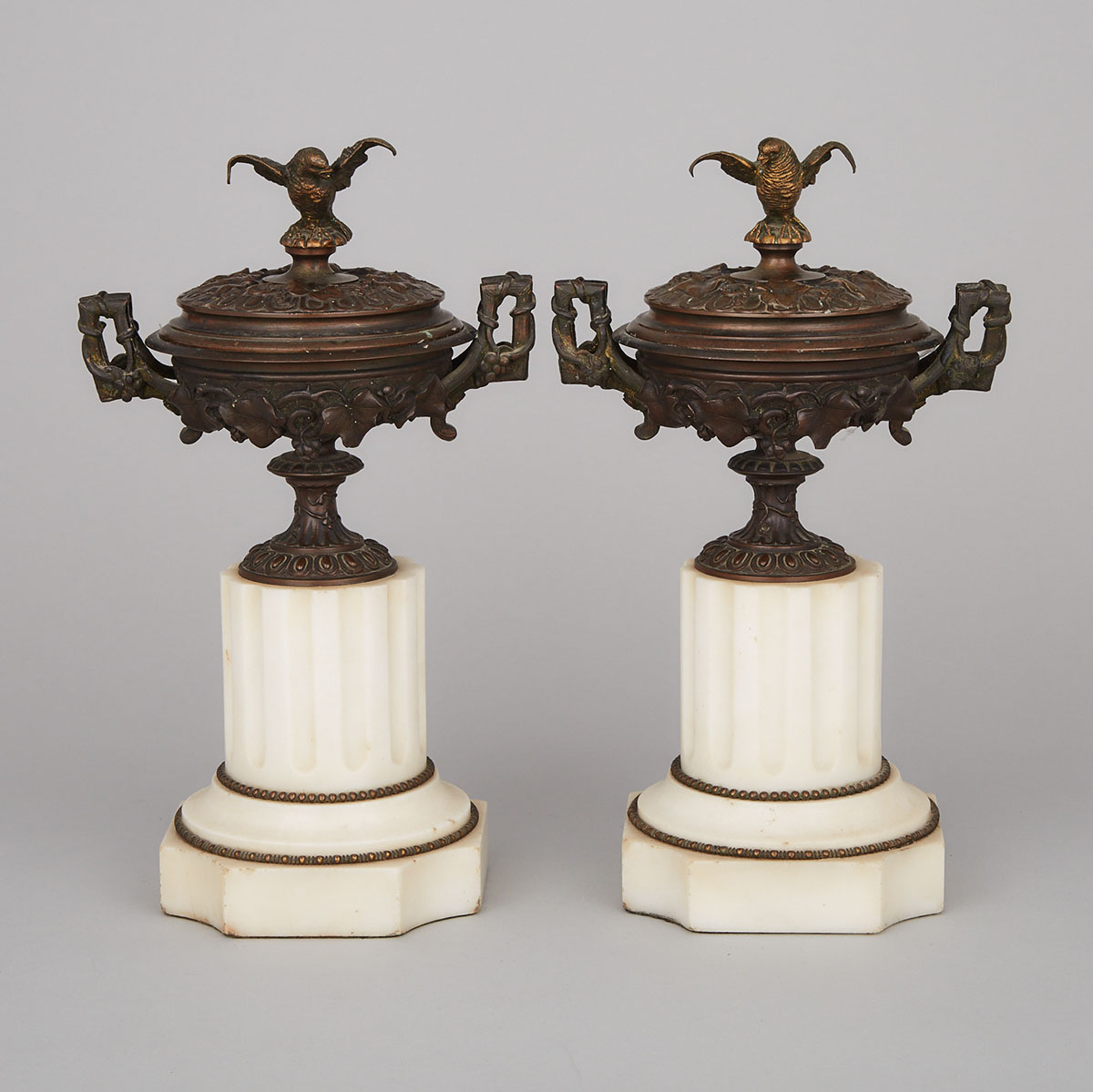 Pair of French Patinated Bronze Mantle Urns, c.1880