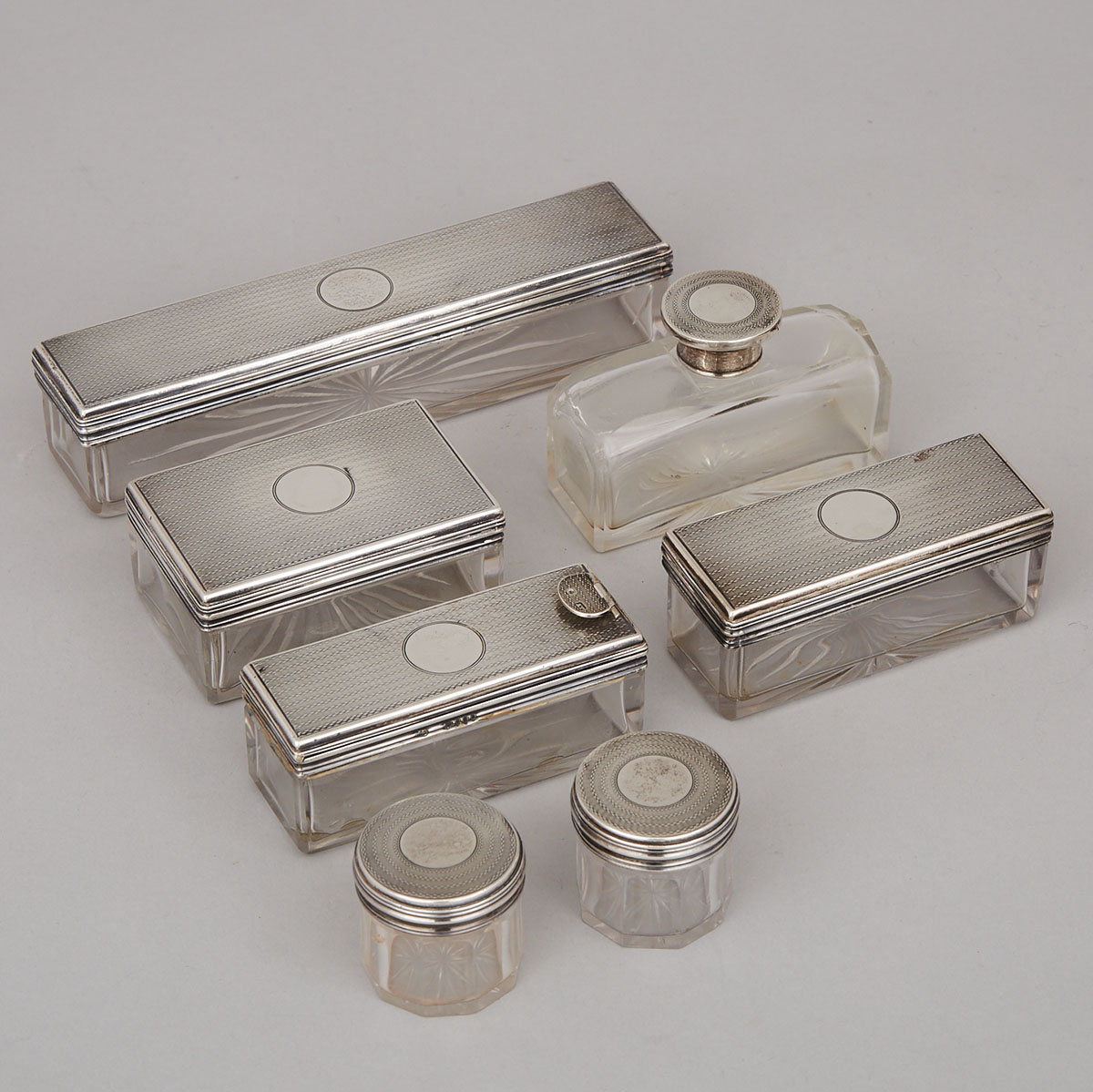 Seven Victorian Silver Mounted Cut Glass Toilet Boxes and Jars, James Vickery, London, 1852