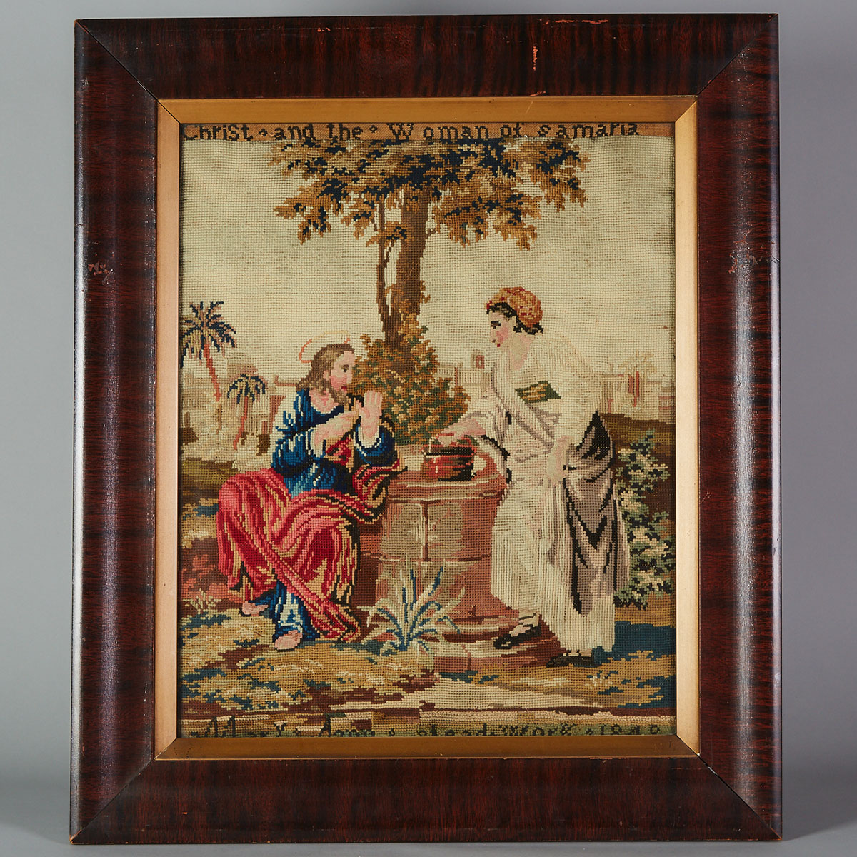 Victorian Needlework Picture of Rebecca at the Well, mid 19th century