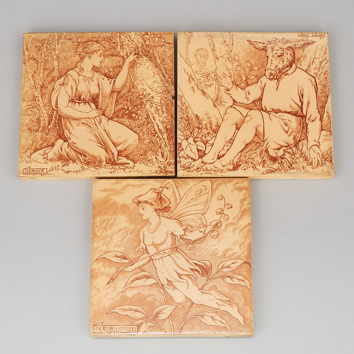 Three Wedgwood Sepia-Printed ‘Midsummer Night’s Dream’ Tiles, late 19th century