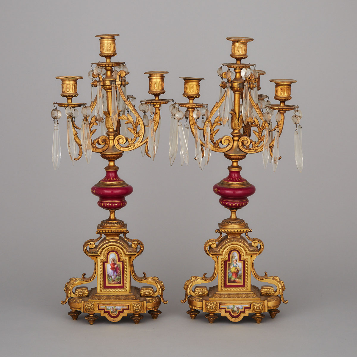 Pair of French Sevres Style Porcelain Mounted Gilt Bronze Mantle Garniture Candelabras, late 19th century
