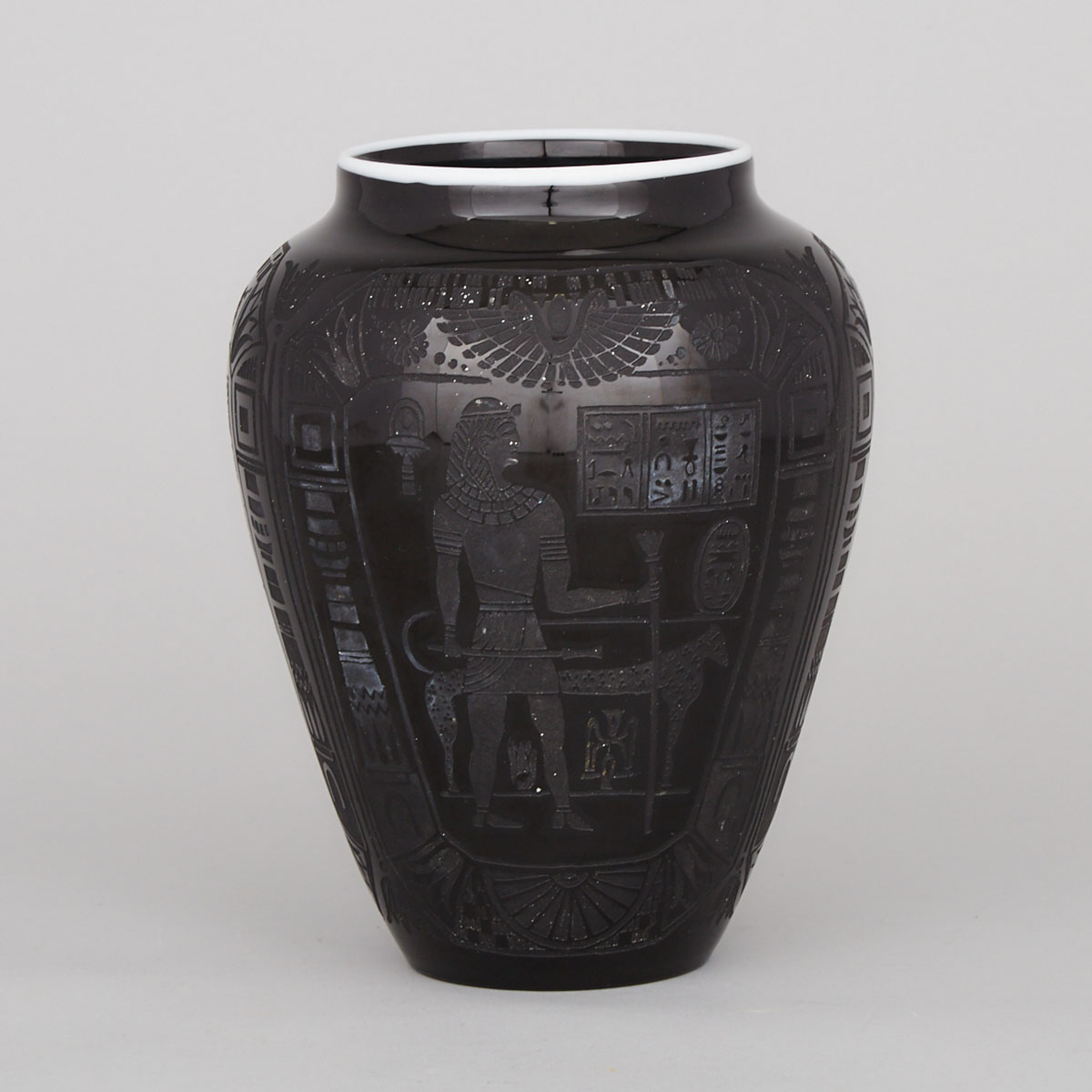 Sinclaire ‘Egyptian’ Etched Black Glass Vase, 1920s