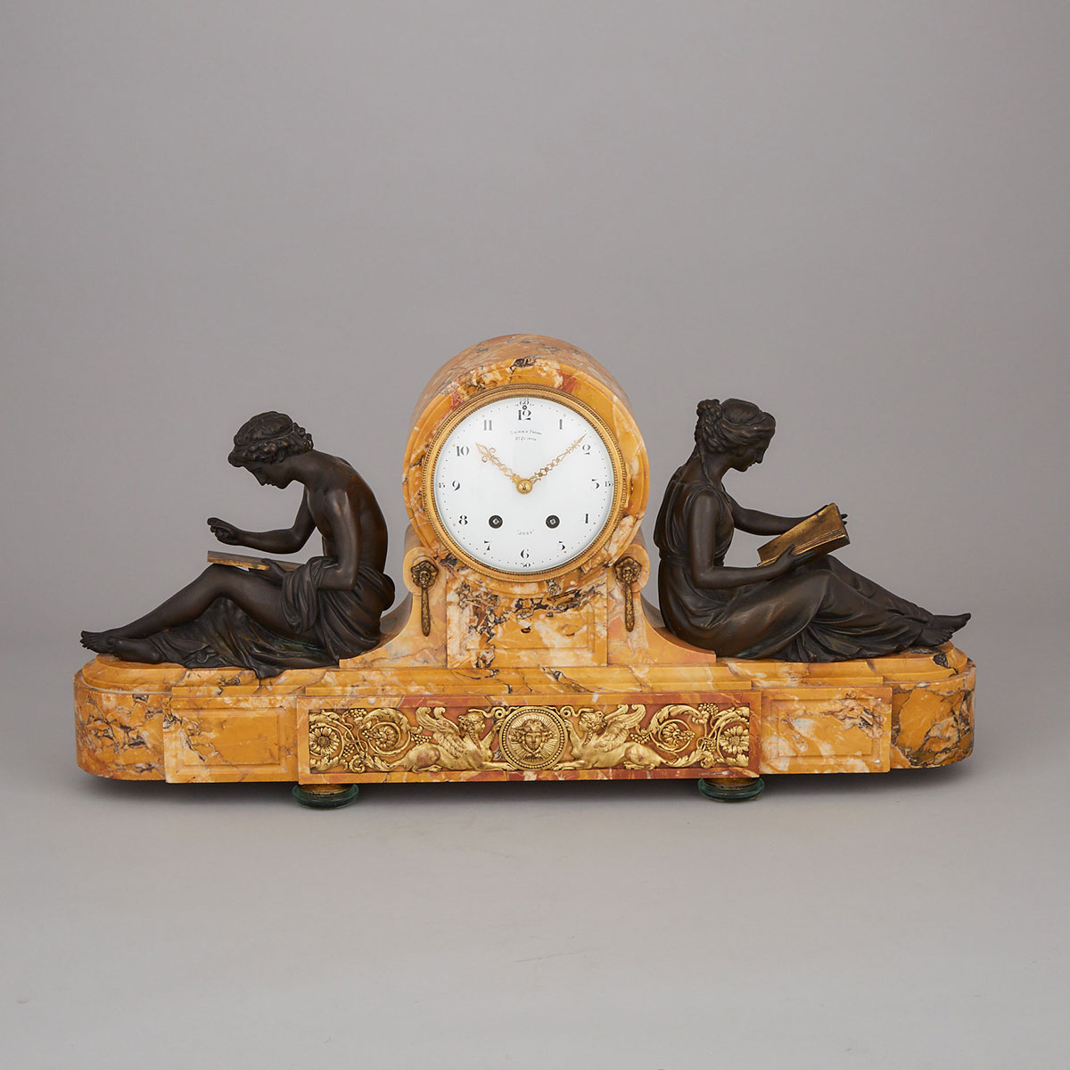 French Gilt and Patinated Bronze Mounted Sienna Marble Mantle Clock, 19th century