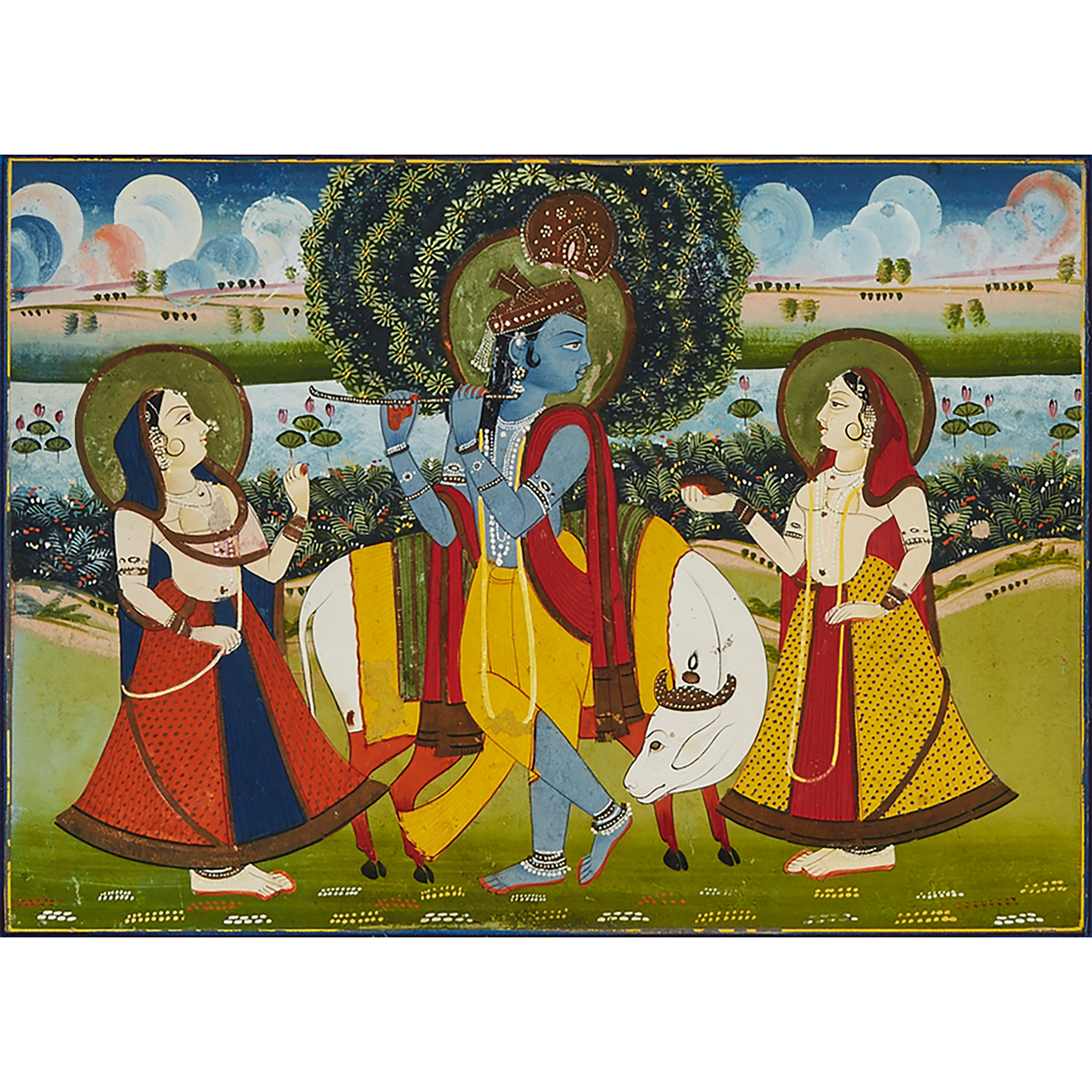 Rajasthan School, Krishna and Gopis with Sacred Cow, Circa 1800
