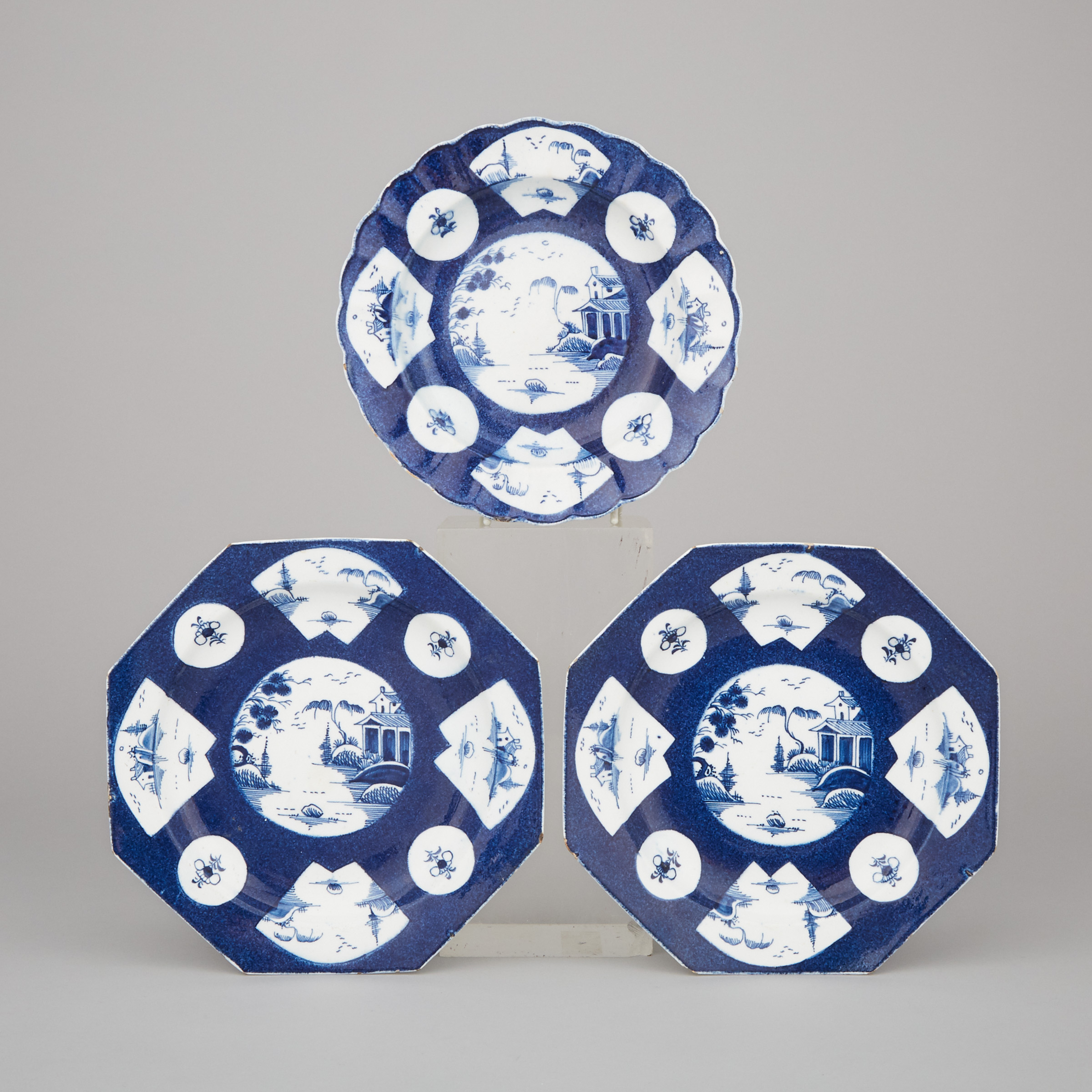 Three Bow Powder Blue Ground Dishes, c.1765