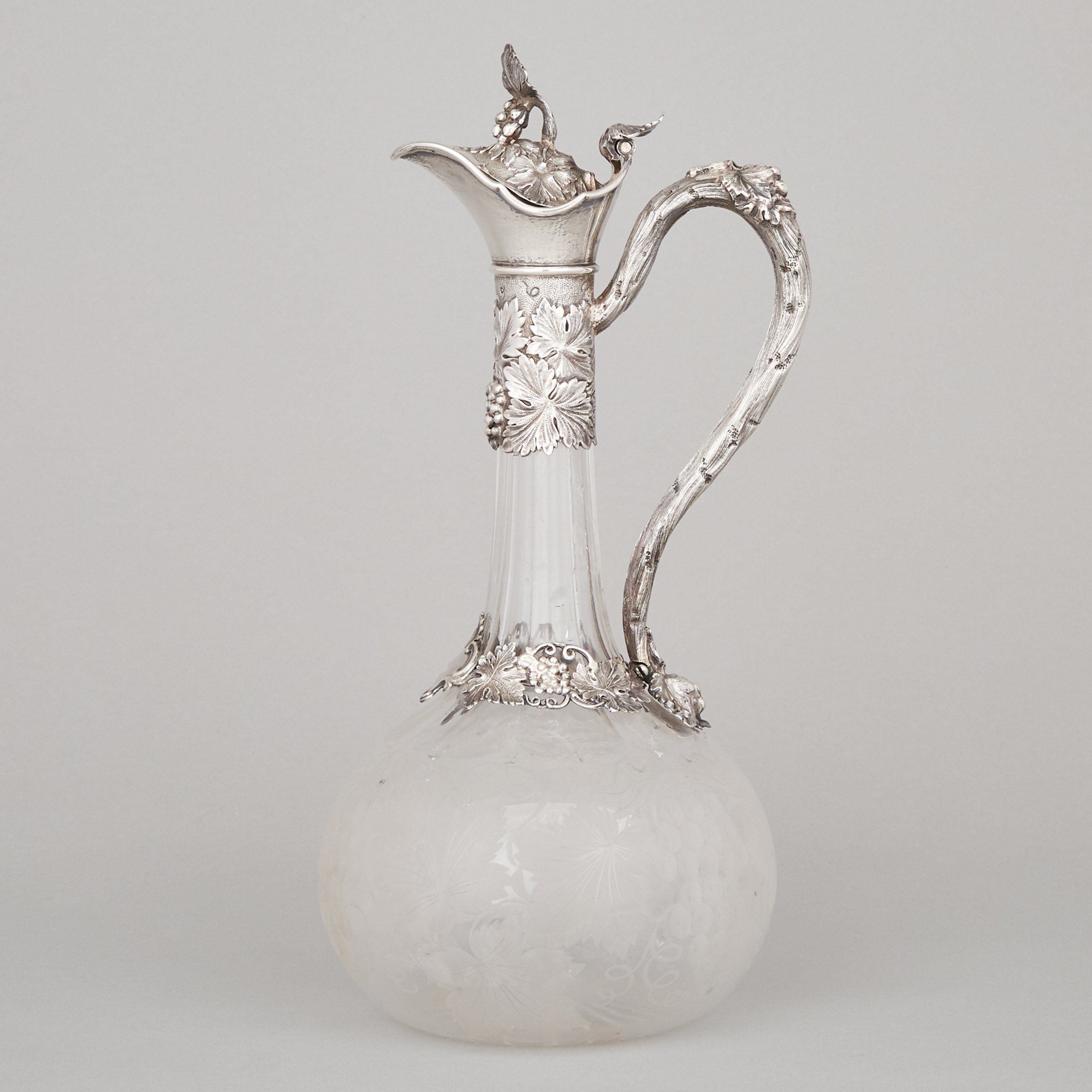 Victorian Silver Mounted Cut and Engraved Glass Claret Jug, George Richards & Edward Brown, London, 1862