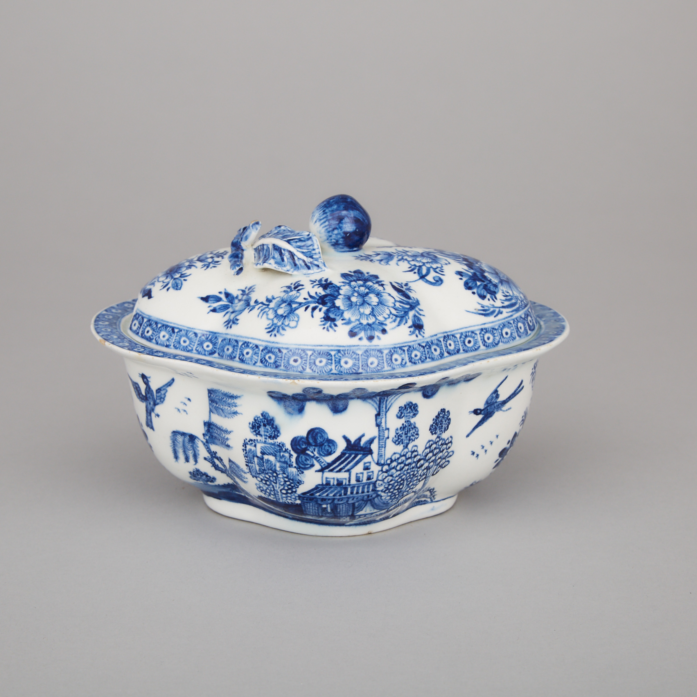 Bow Blue and White Quatrefoil Sauce Tureen and Cover, c.1765