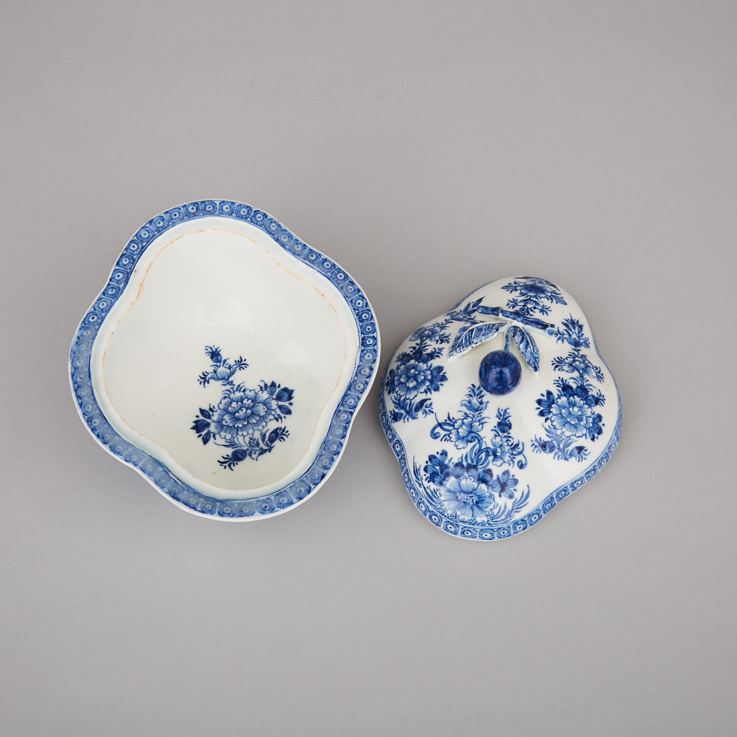 Bow Blue and White Quatrefoil Sauce Tureen and Cover, c.1765