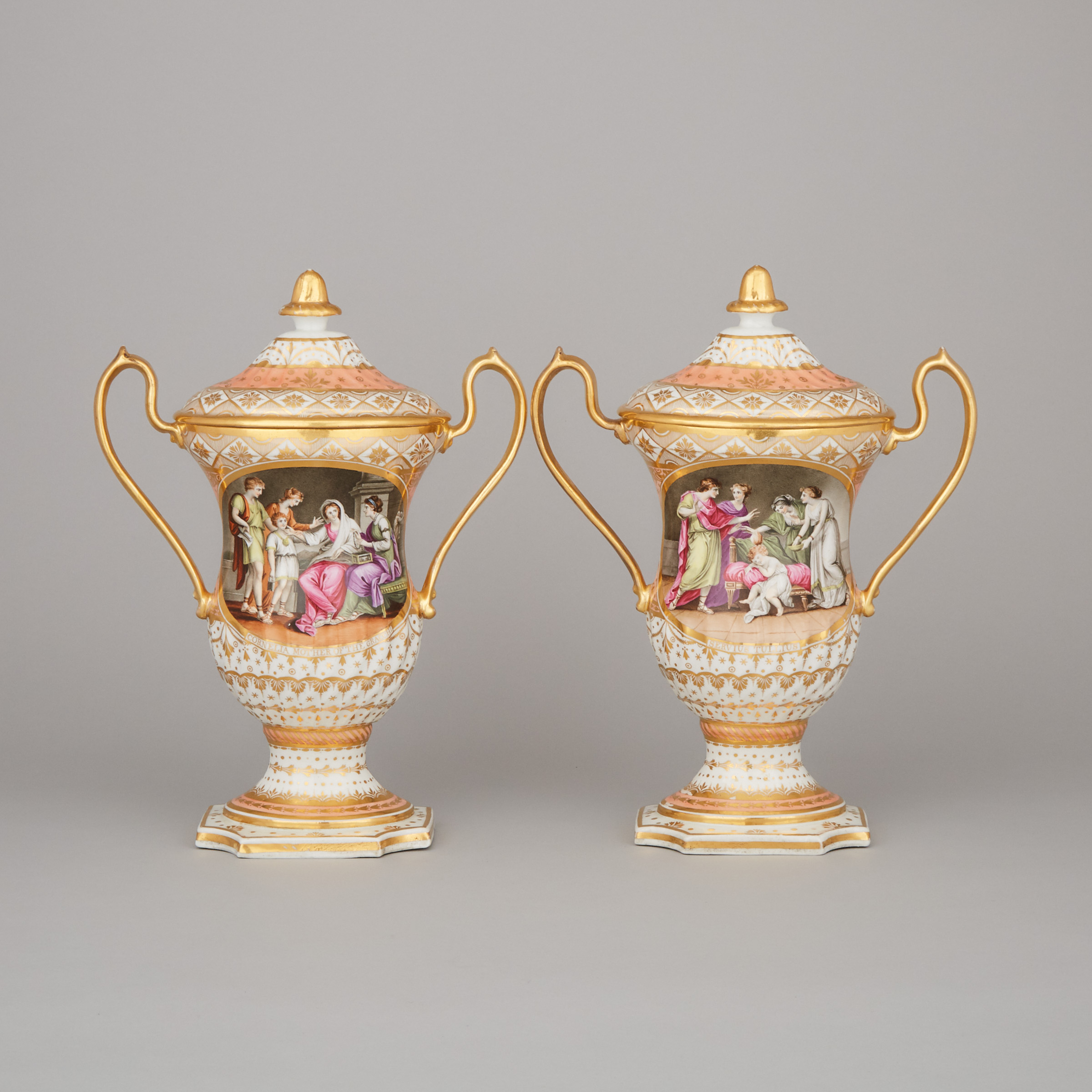 Pair of Chamberlains Worcester Two-Handled Vases and Covers, c.1800