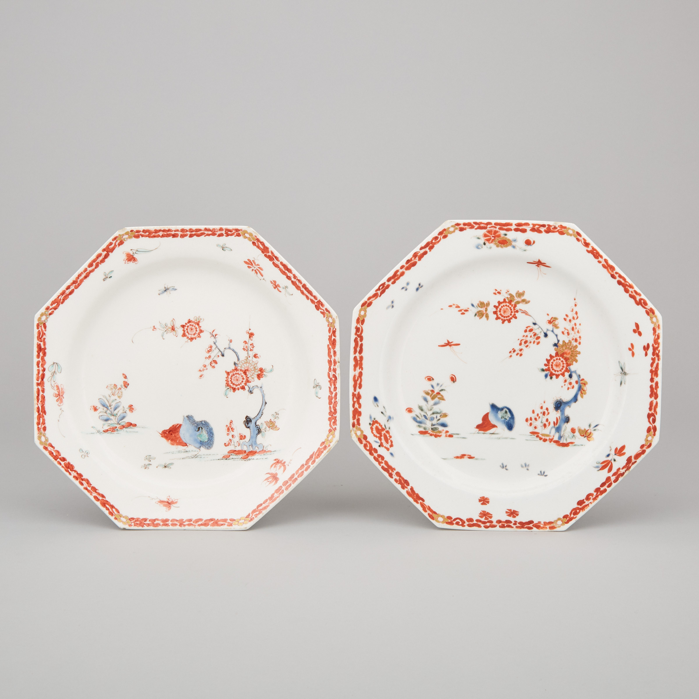 Pair of Bow Kakiemon 'Two Quail' Pattern Octagonal Dishes, c.1760