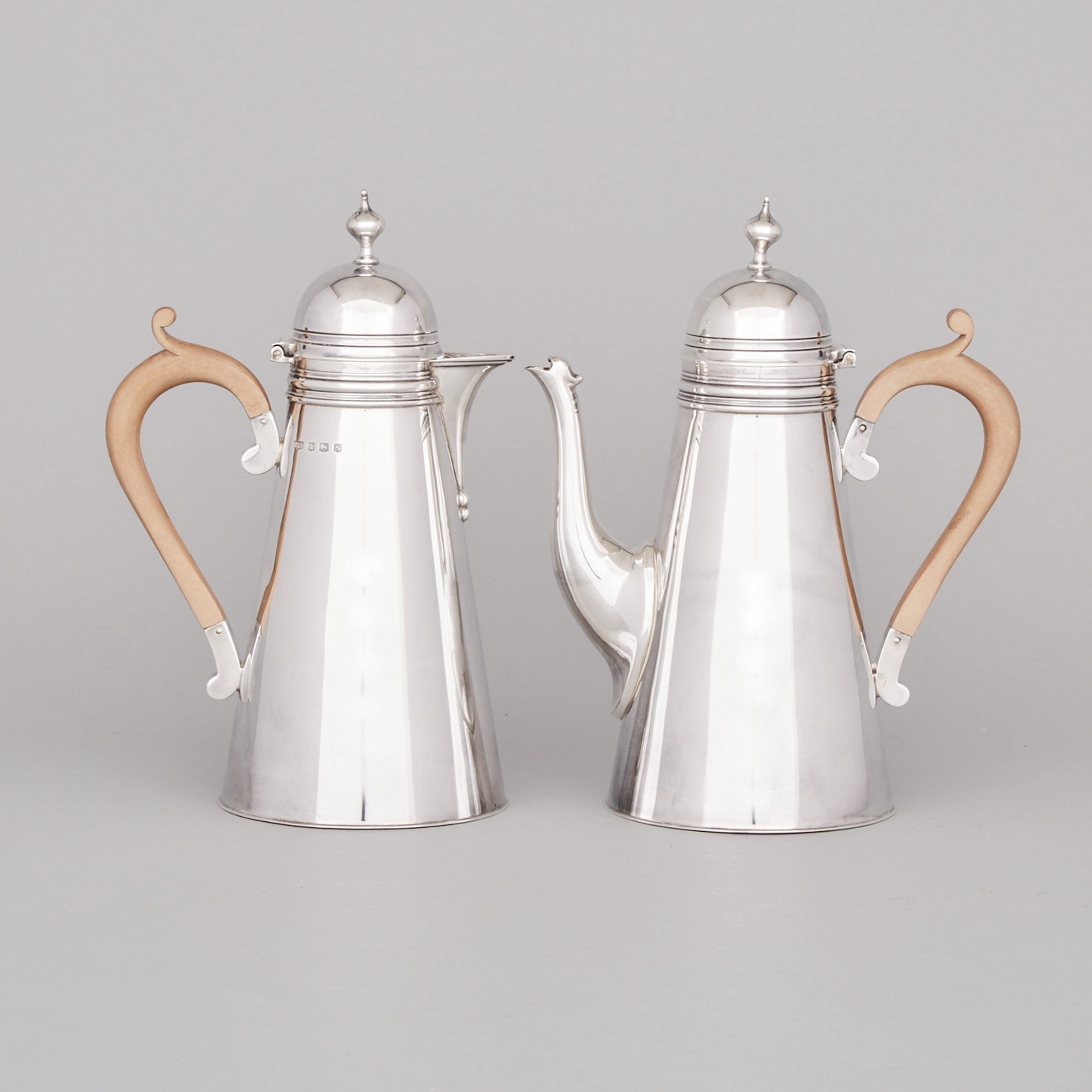 Pair of English Silver Coffee Pots, Roberts & Belk, Sheffield, 1935 