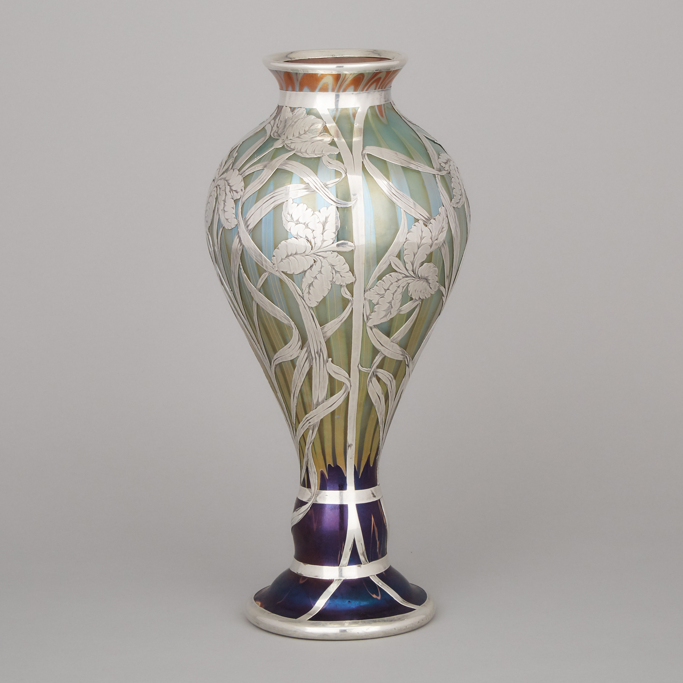 Loetz Engraved Silver Overlaid ‘Phaenomen’ Iridescent Glass Vase, c.1900