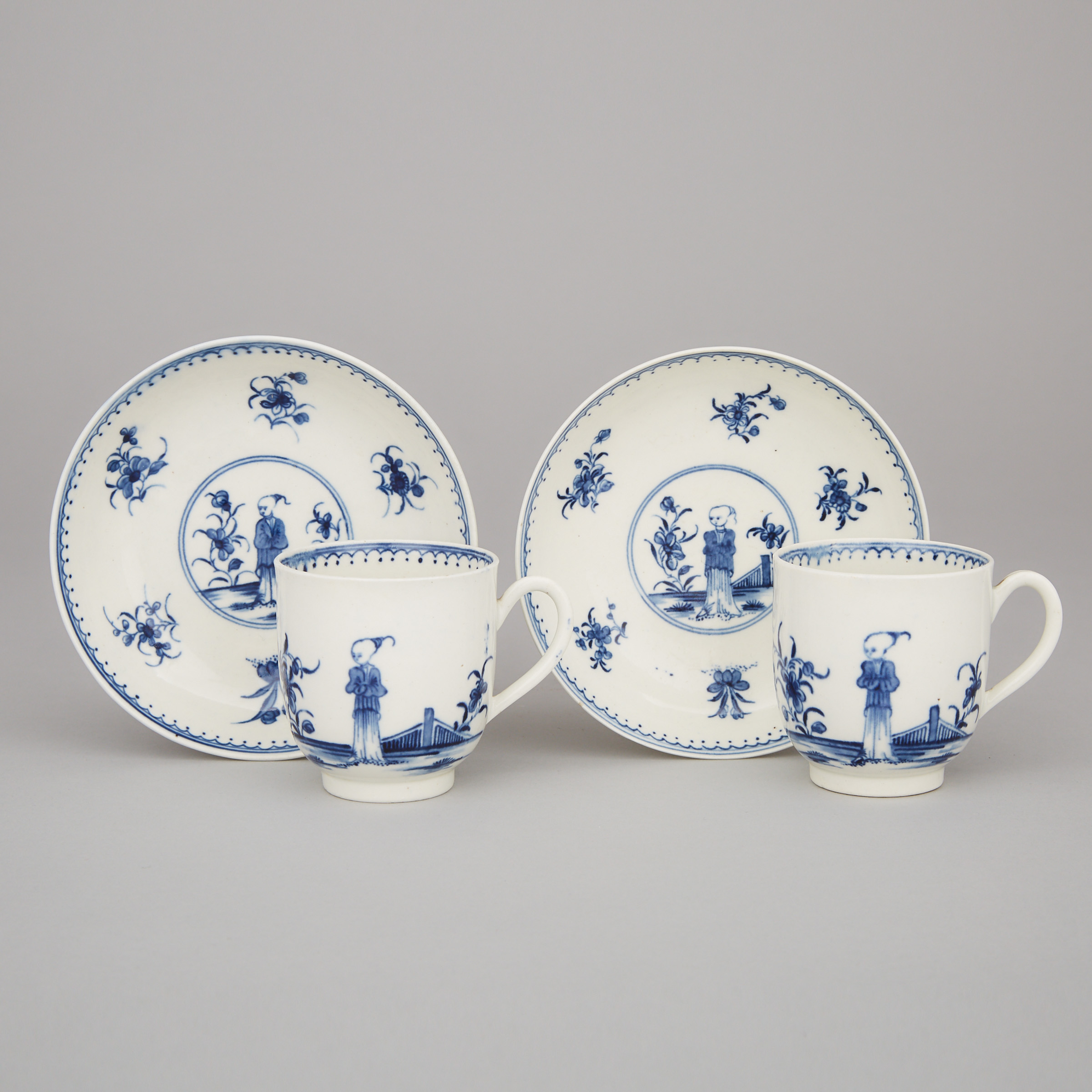 Pair of Worcester 'Waiting Chinaman'  Pattern Cups and Saucers, c.1770