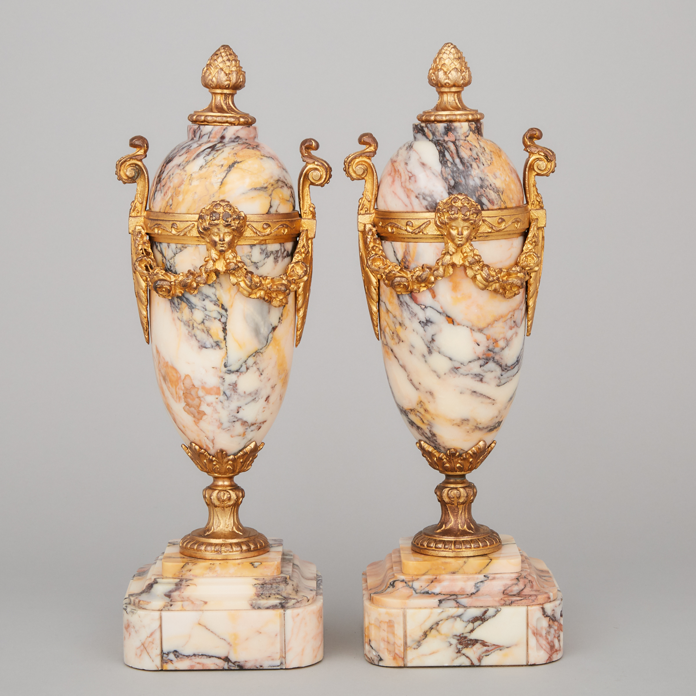 Pair of Napoleon III Ormolu Mounted Variegated Marble Mantel Urns, c.1900