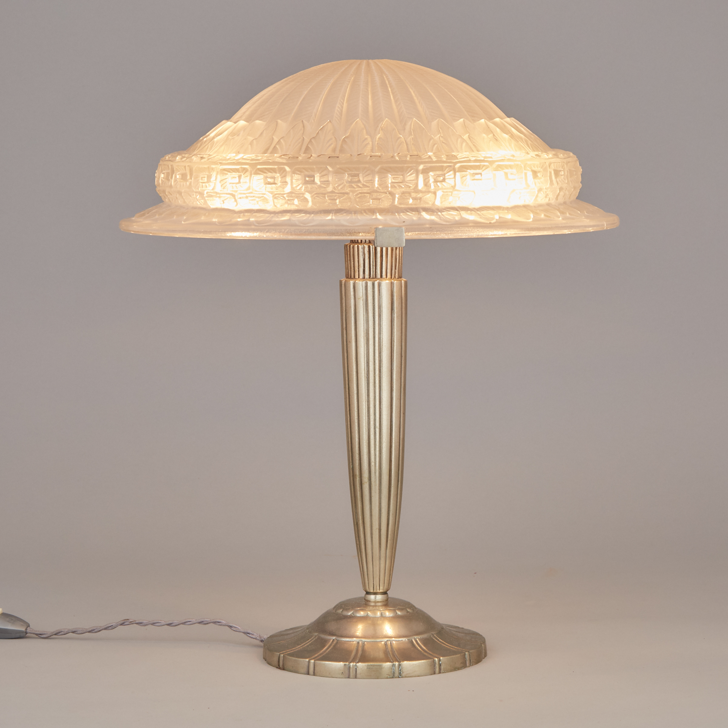 French Art Deco Style Nickel and Etched Glass Table Lamp, 20th century