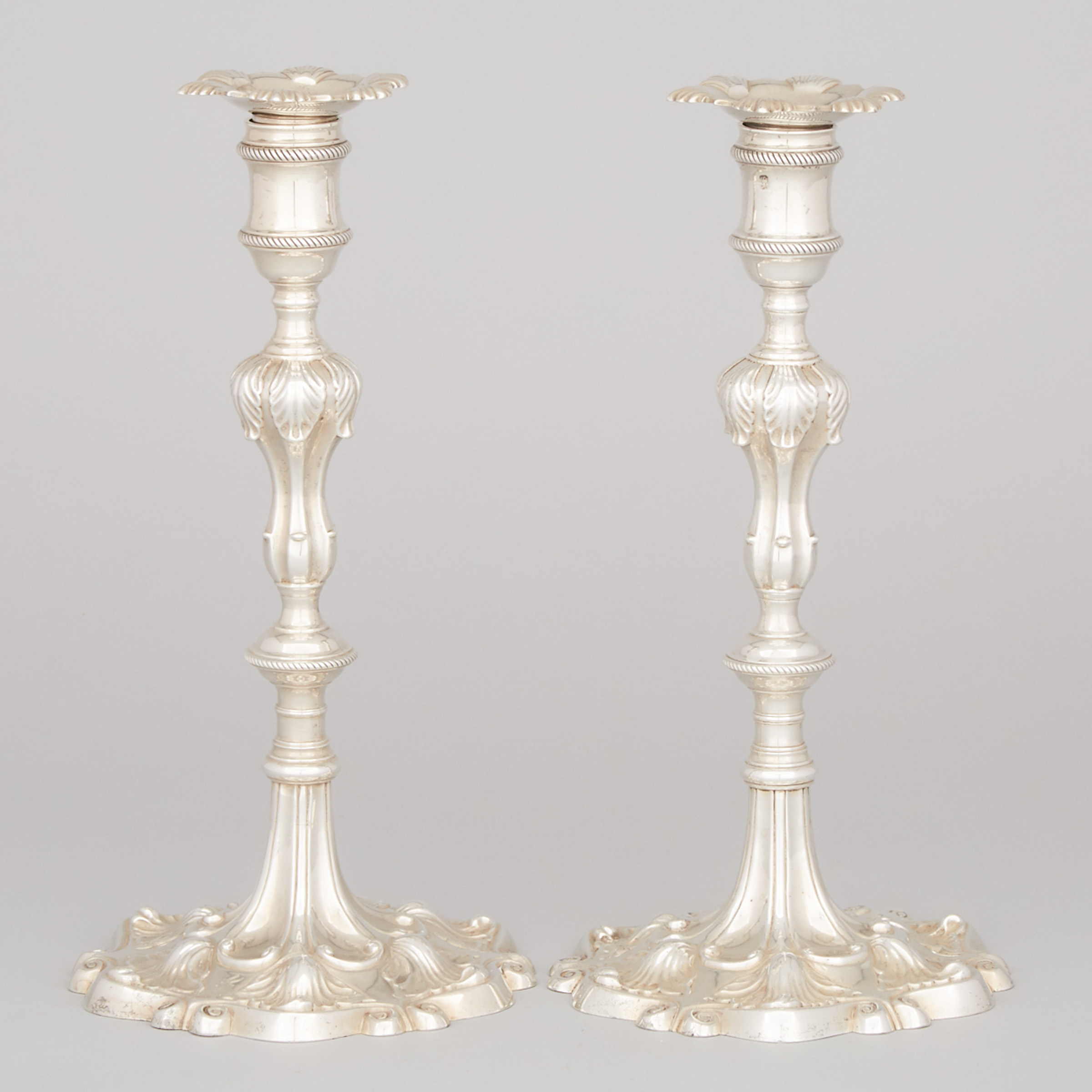 Pair of George III Silver Table Candlesticks, Ebenezer Coker, London, 1763