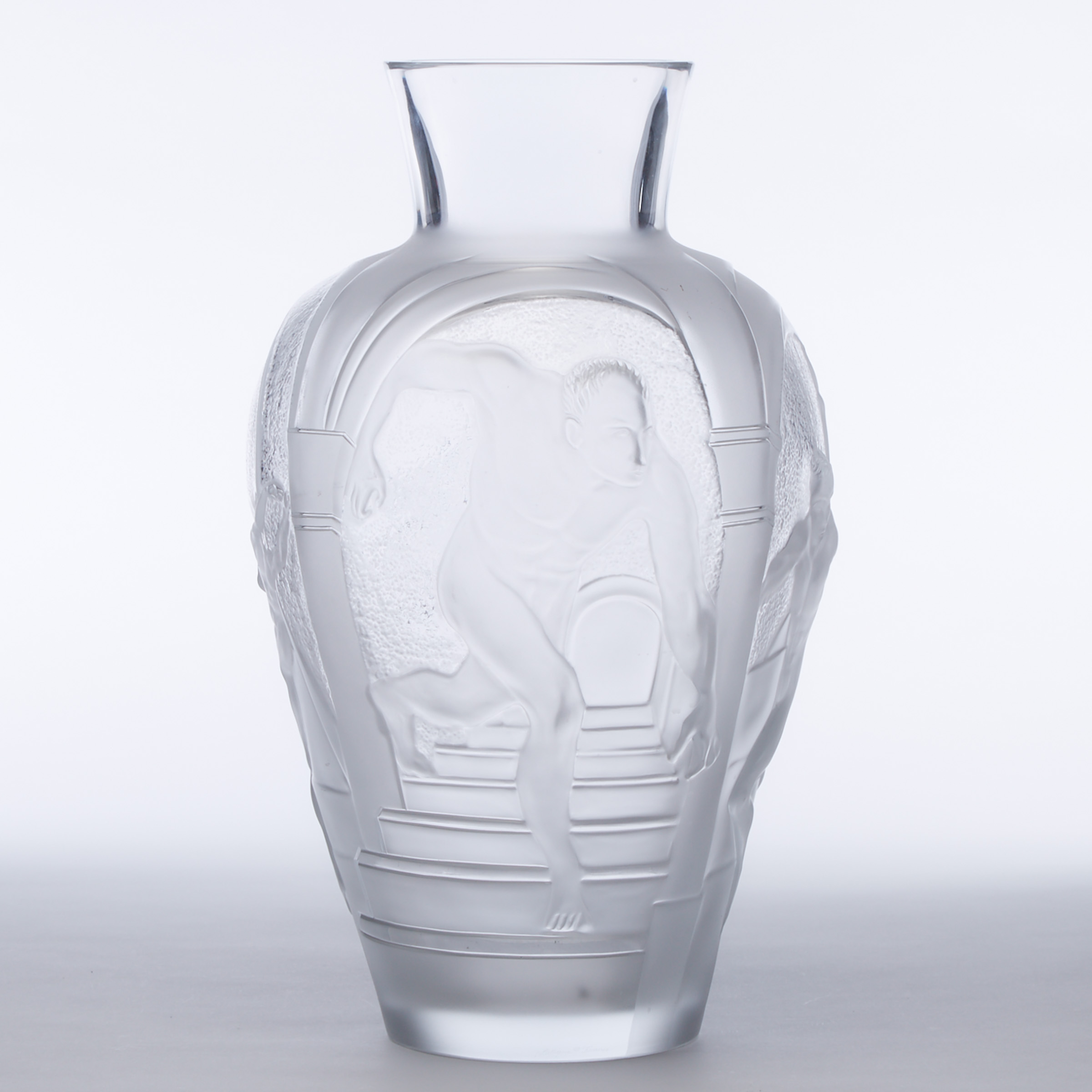 'Les Eleens', Lalique Moulded and Partly Frosted Glass Large Vase, c.1994