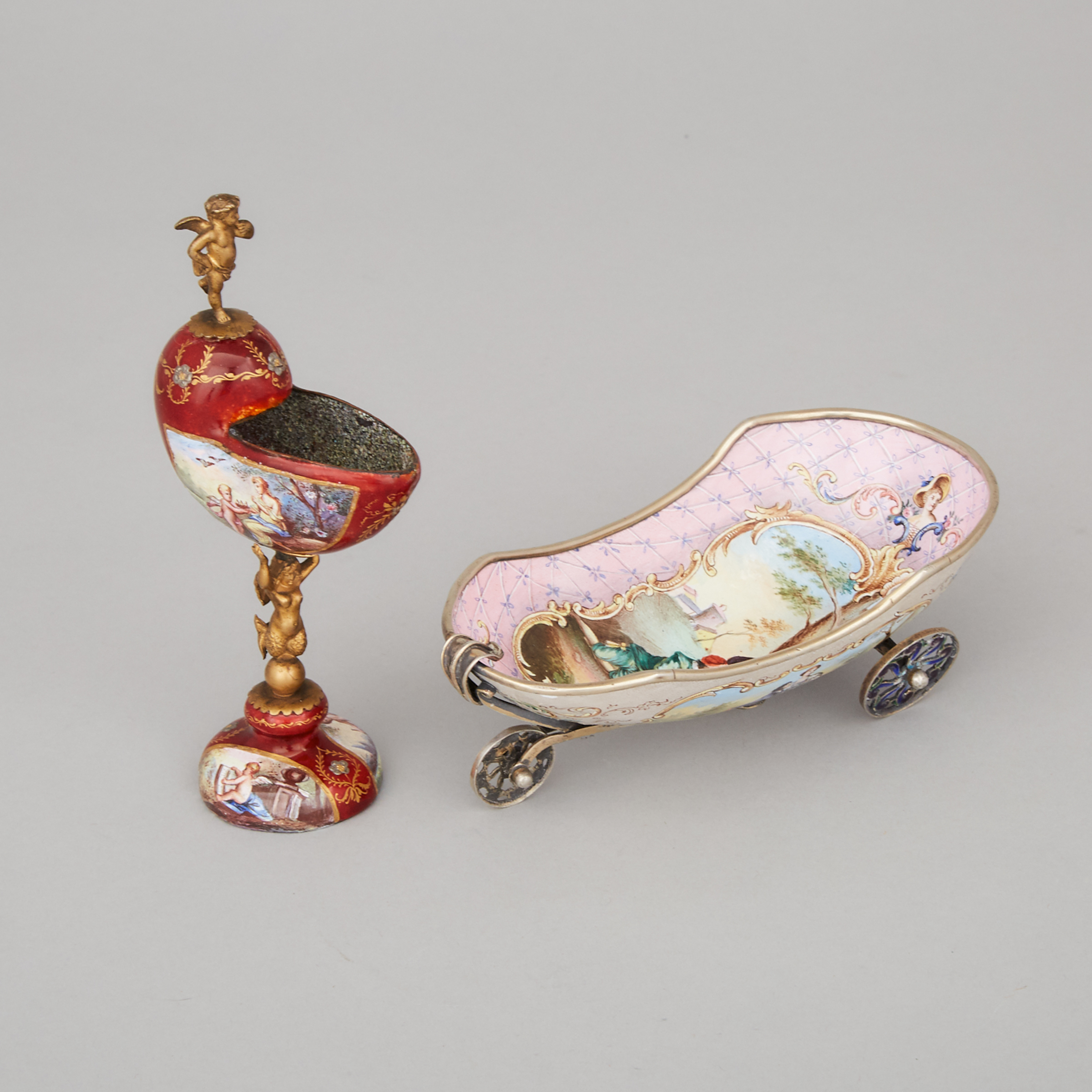 Six Piece Viennese Enamel Mounted Oromolu Miniature Salon Suite, early 19th century