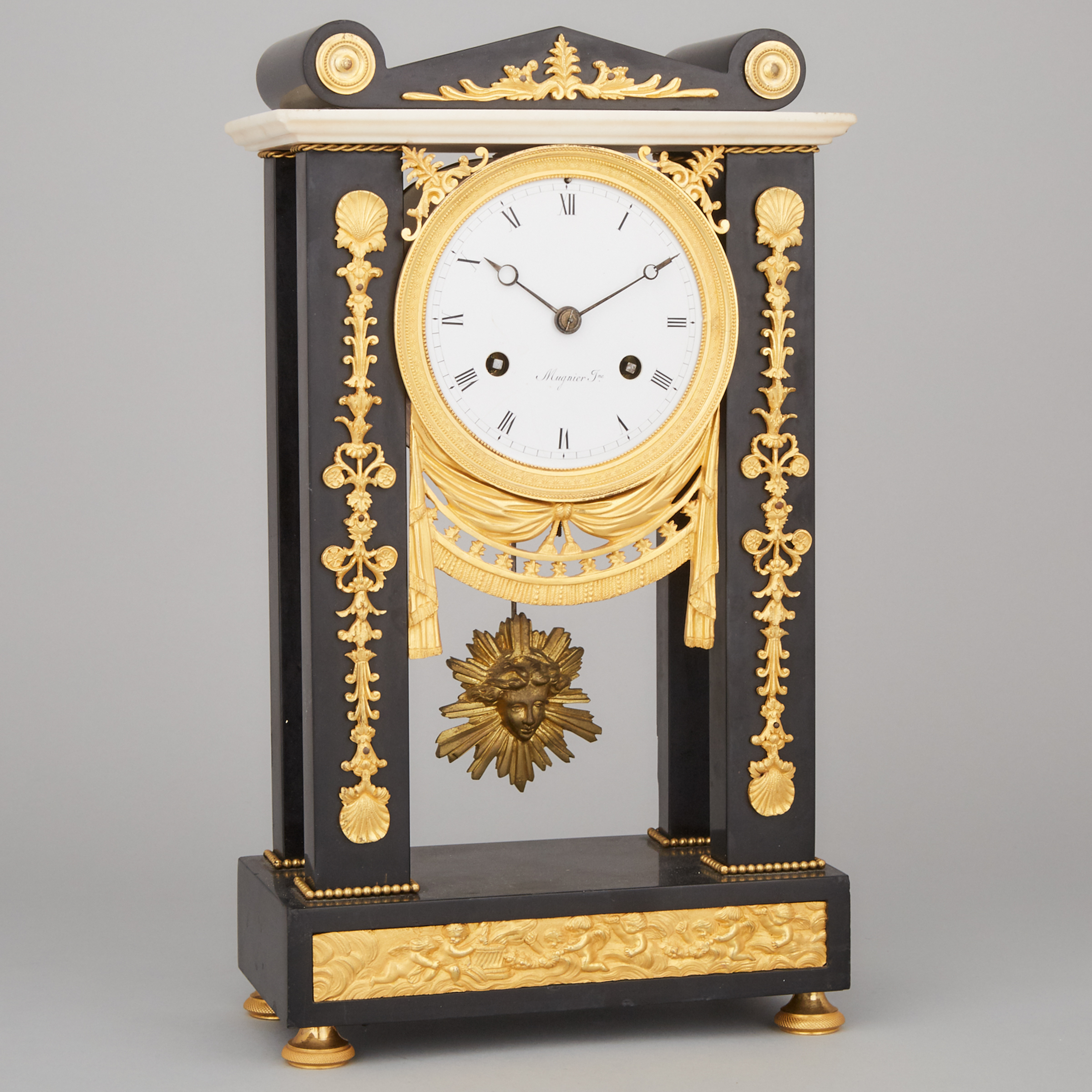 French Empire Ormolu Mounted Belgian Black Marble 'Portico' Mantel Clock, Mugnier Inc., Paris