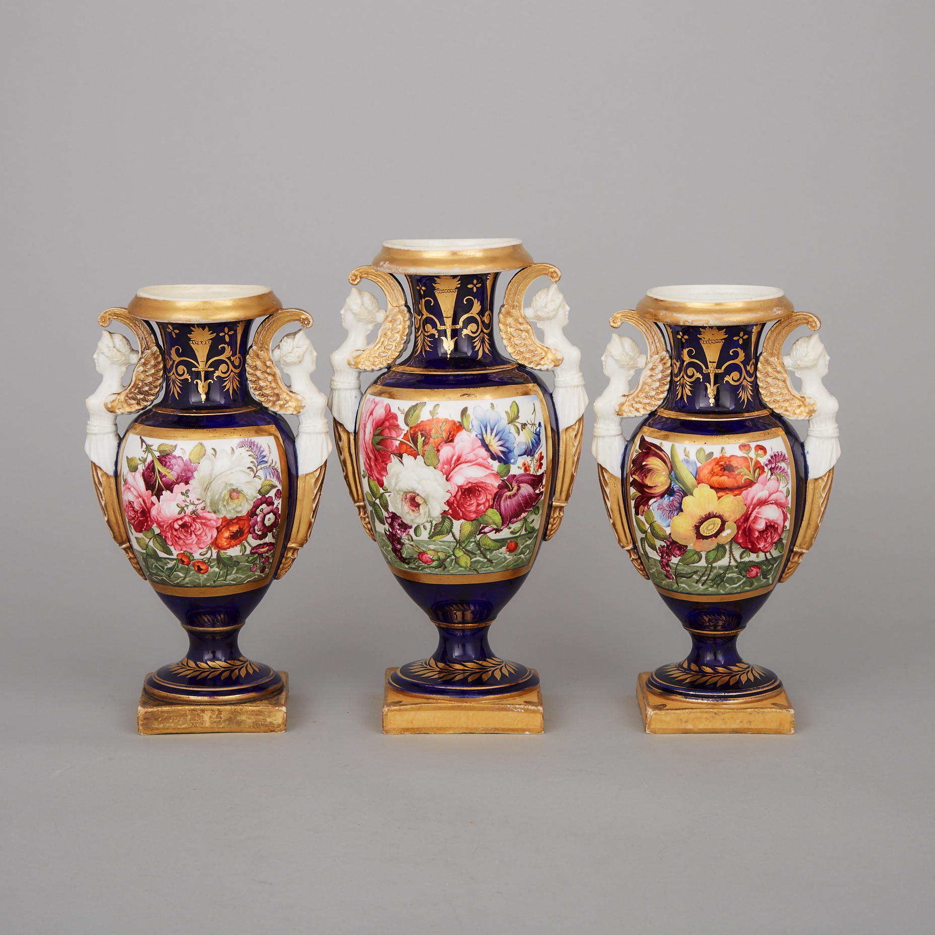 English Porcelain French Empire Style Garniture of Three Vases, c.1820