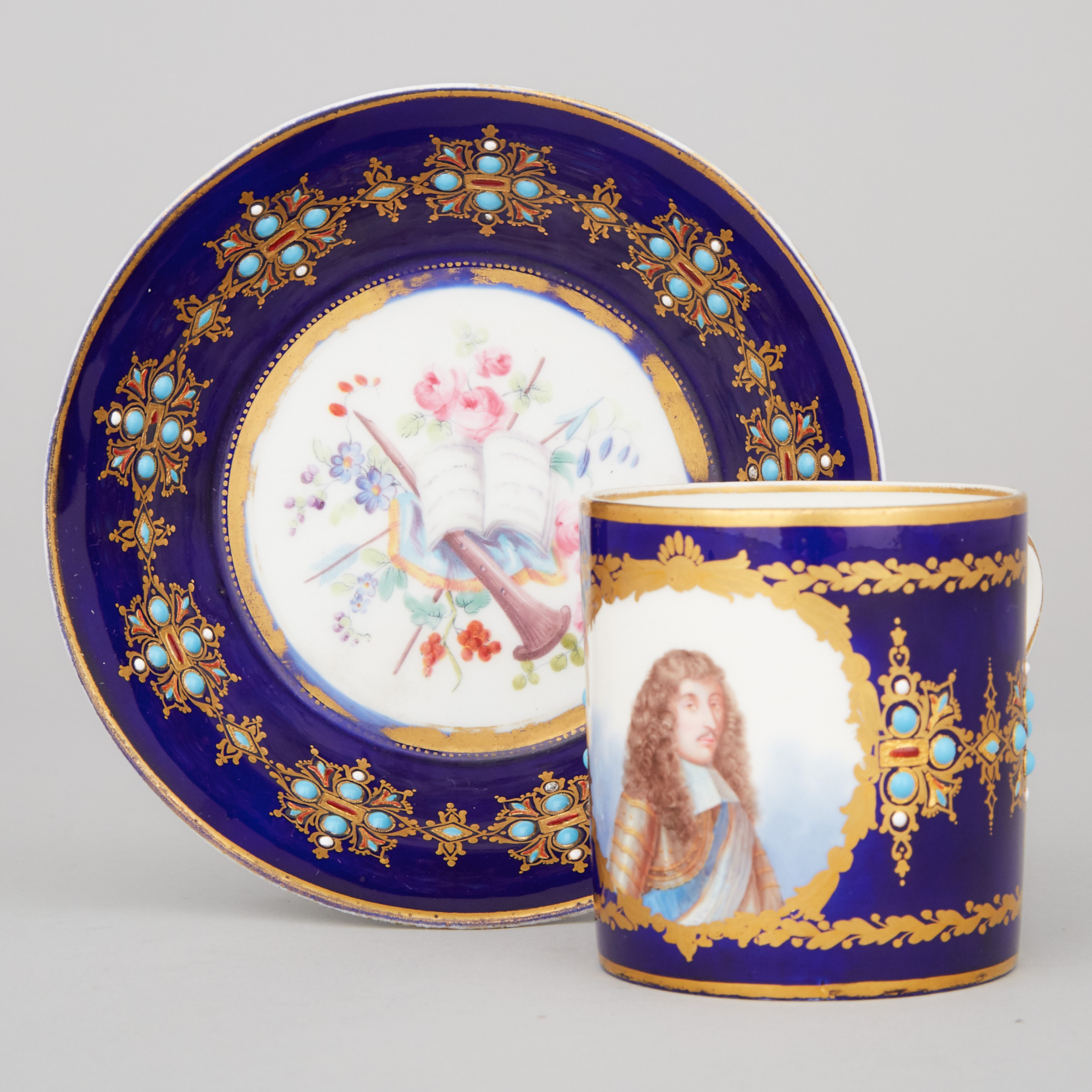 'Sèvres' 'Jeweled' Portrait Cup and Saucer, late 19th century