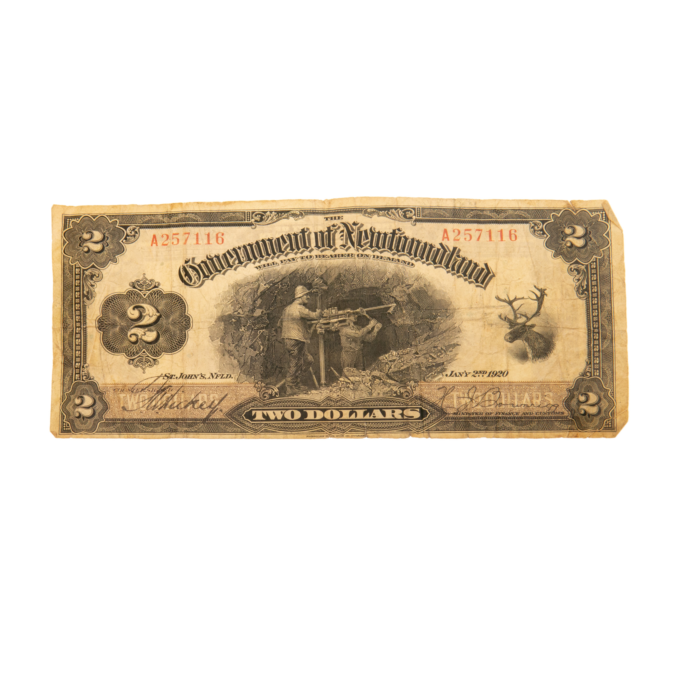 Government Of Newfoundland 1920 Two Dollar Bank Note (Hickey-Brownrigg var.); (VG+)