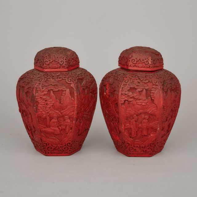 A Pair of Hexagonal Cinnabar Lacquer Lidded Jars, Early 20th Century