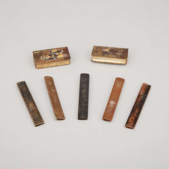 A Group of Seven Japanese Inlaid Mixed Metal Items, Meiji Period