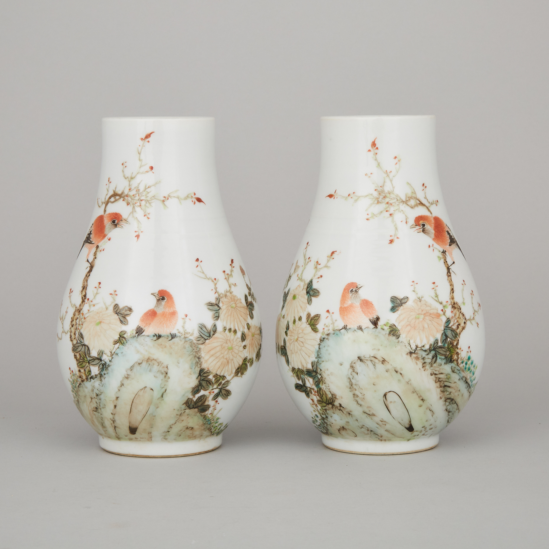 A Pair of Enameled 'Birds and Calligraphy' Vases, Signed Xu Dasheng (1937-?)