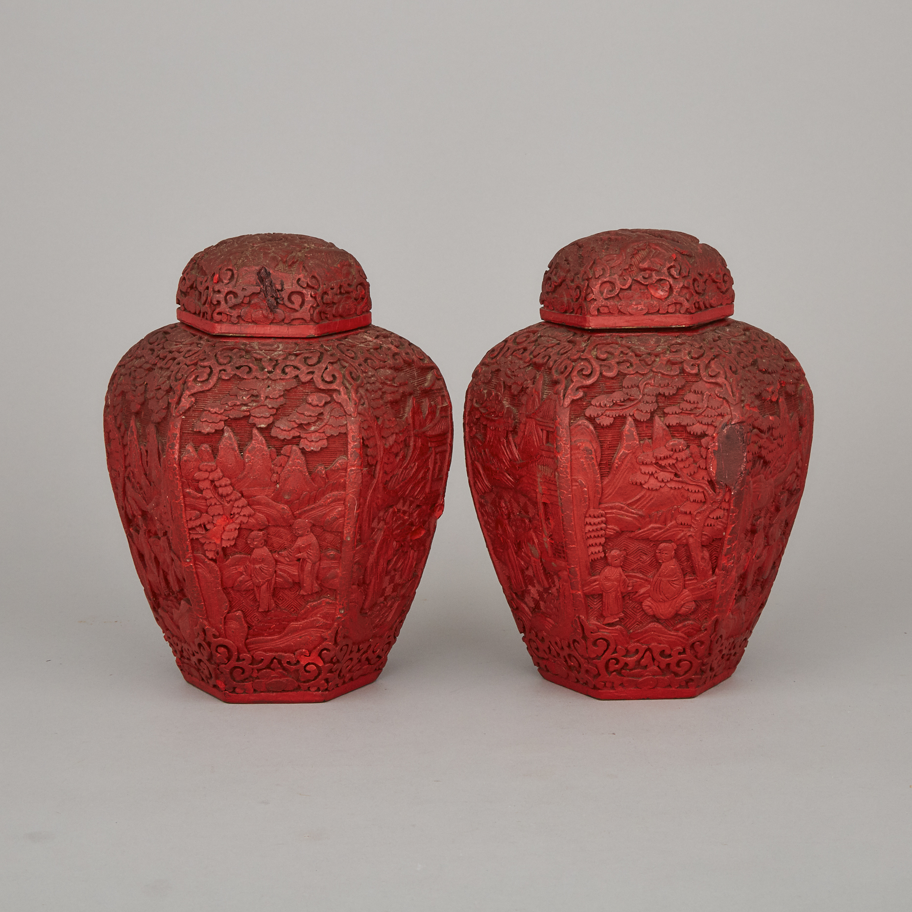 A Pair of Hexagonal Cinnabar Lacquer Lidded Jars, Early 20th Century