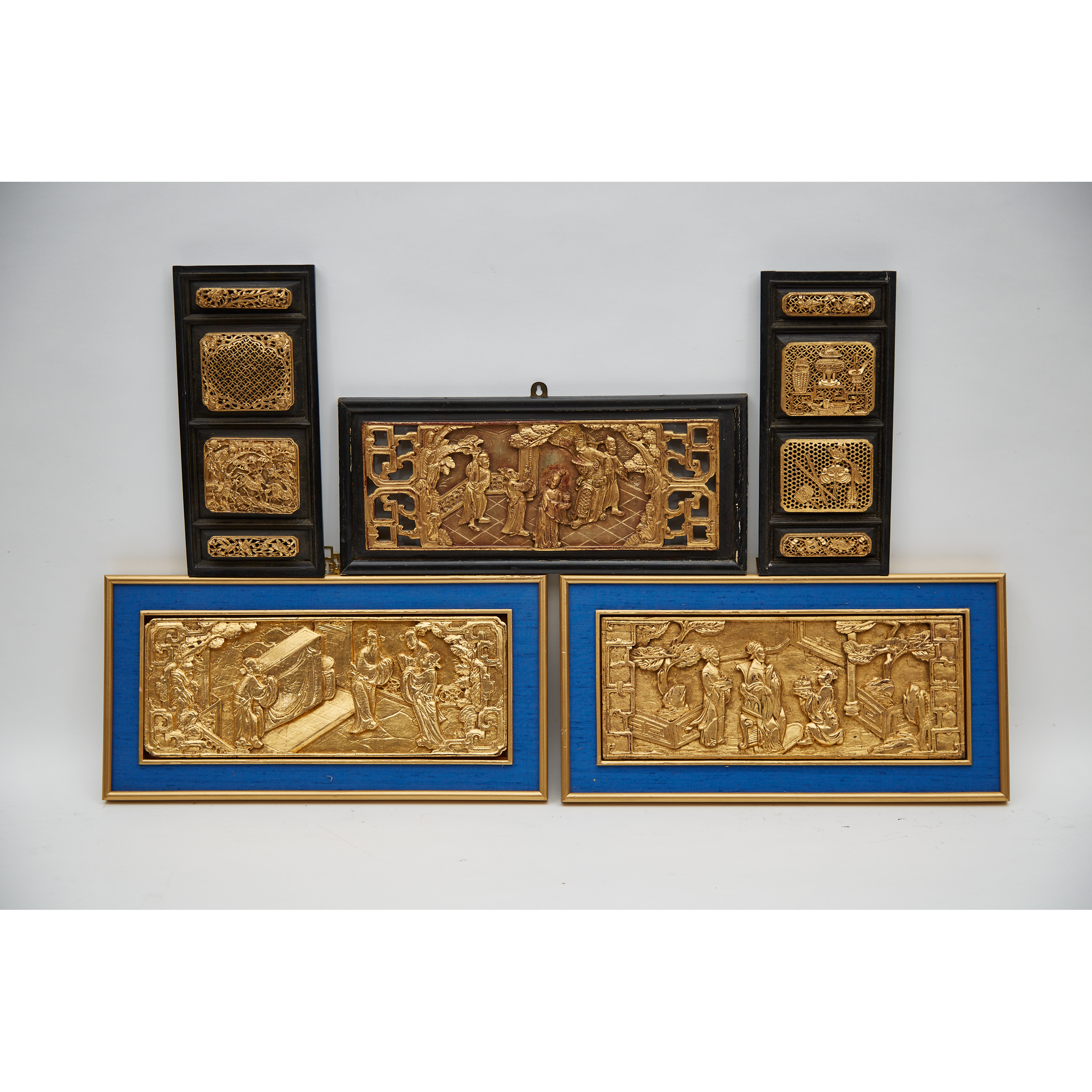 A Group of Five Chinese Gilt Wood Temple Carvings, Early 20th Century