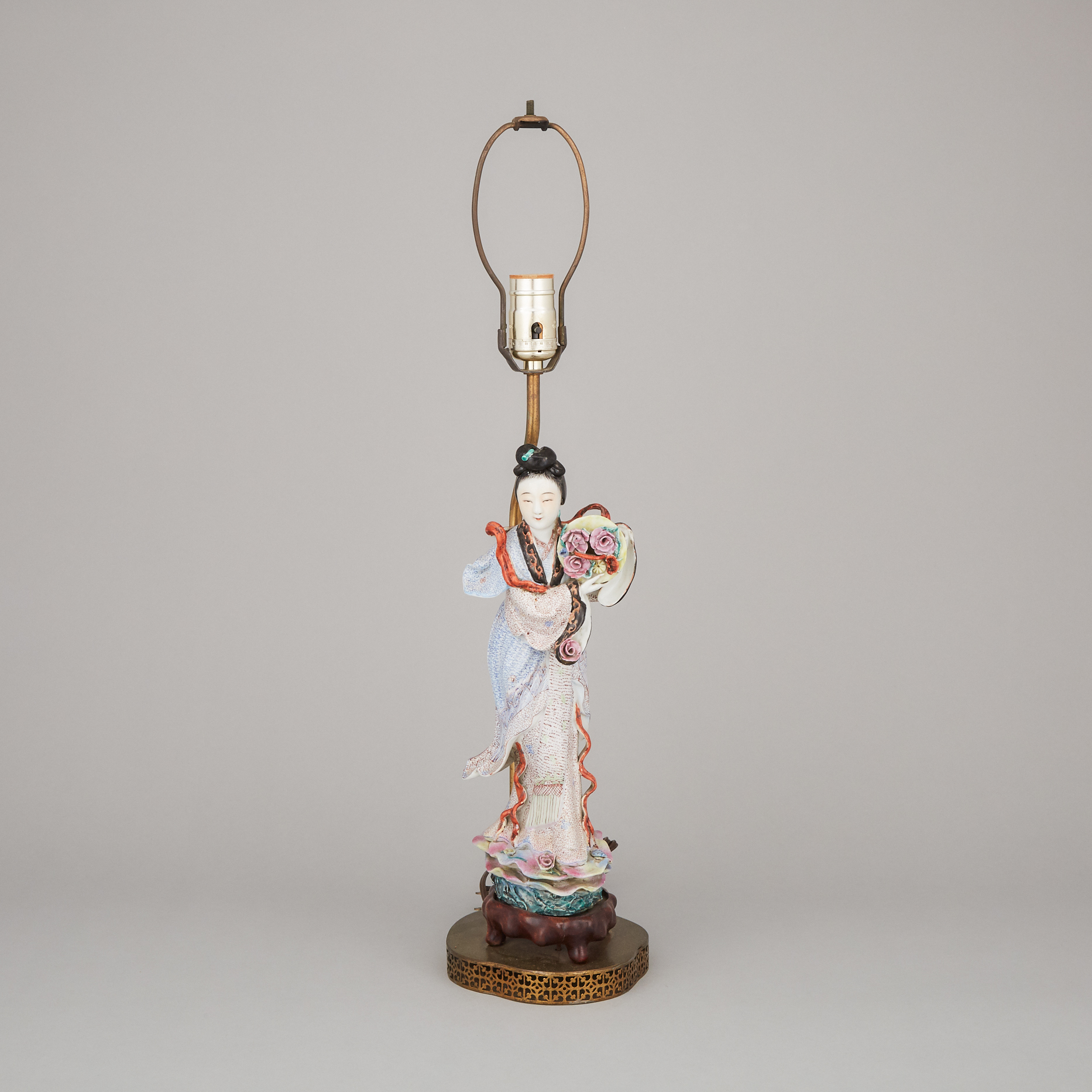 A Famille Rose Porcelain Lady Mounted as a Lamp