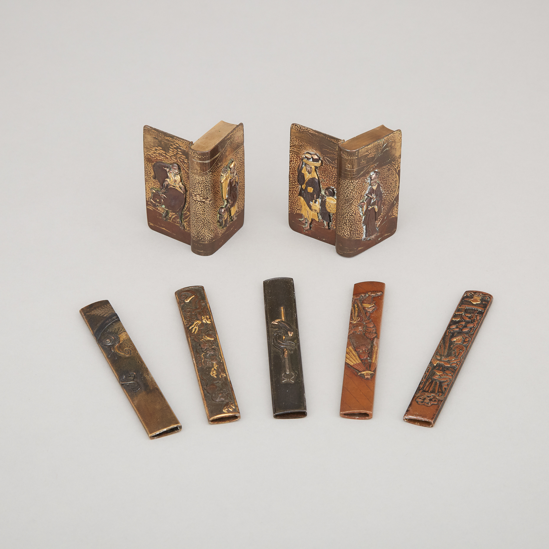 A Group of Seven Japanese Inlaid Mixed Metal Items, Meiji Period