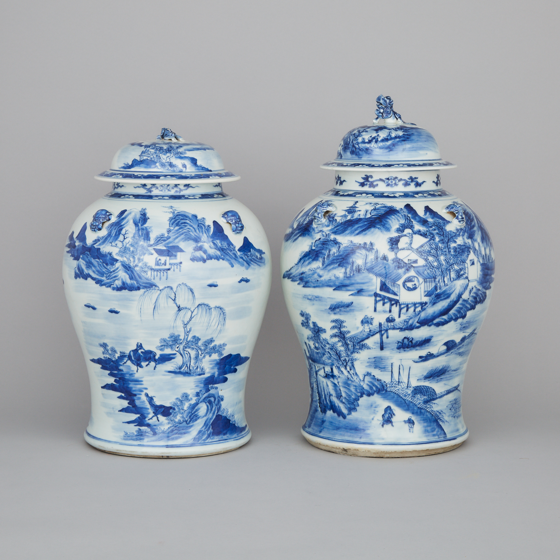 A Pair of Large Blue and White Lidded Temple Jars, 19th Century